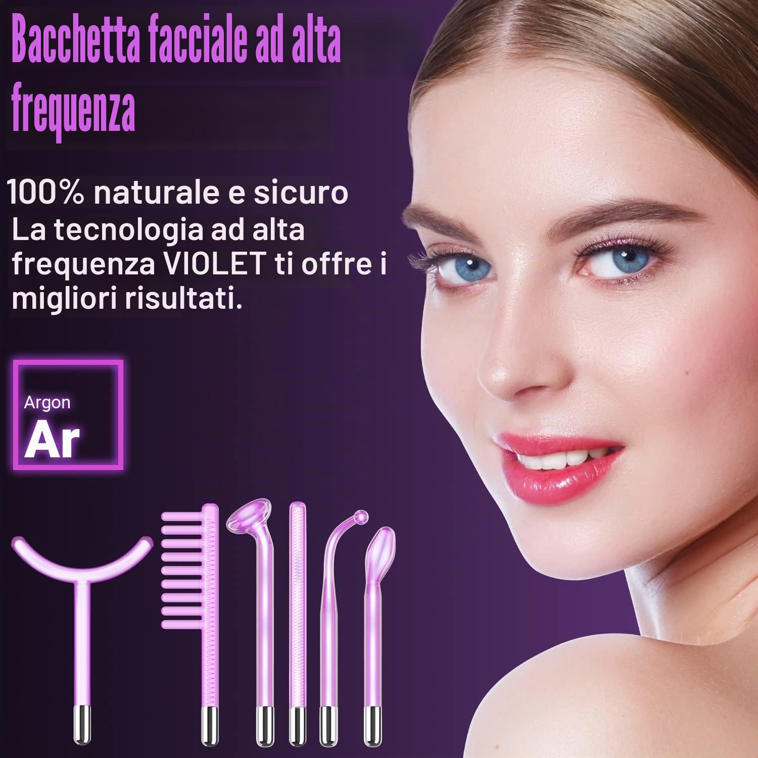 Asta ad alta frequenza UUPAS 6 in 1, portatile, ad alta frequenza | con 6 tubi in argon, dispositivo ad alta frequenza per il ringiovanimento della pelle, rimozione delle rughe