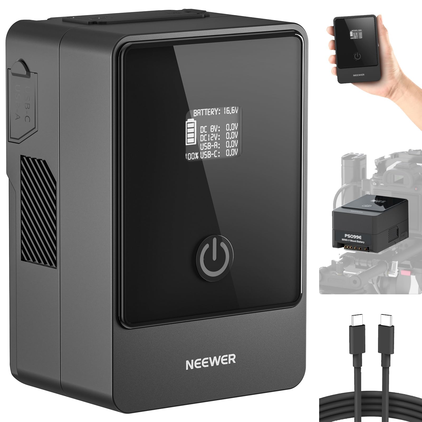 NEEWER Mini batteria V Mount con cavo di tipo C, 6800 mAh 99 Wh 14,5 V batteria V-Lock con schermo OLED/PD 65 W USB-C/D Tap/BP/USB A/DC per fotocamera fotocamera, PS099E