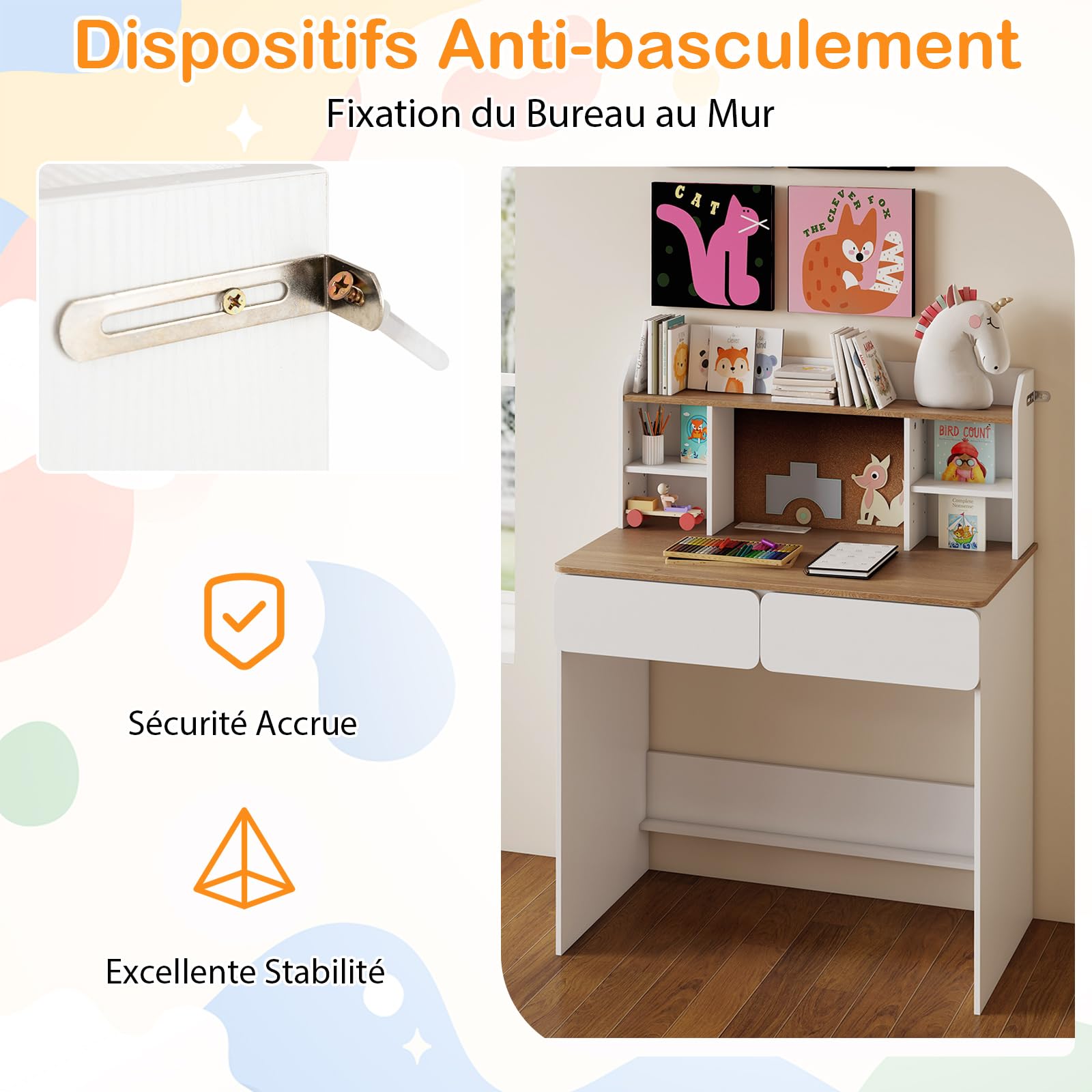 COSTWAY Bureau Enfant Garçon Fille avec Station de Charge & Tableau d'Affichage en Liège, Table Enfant en Bois avec Étagère Réglable & 2 Tiroirs, Charge 50kg pour Tout-Petits de 8-12 Ans