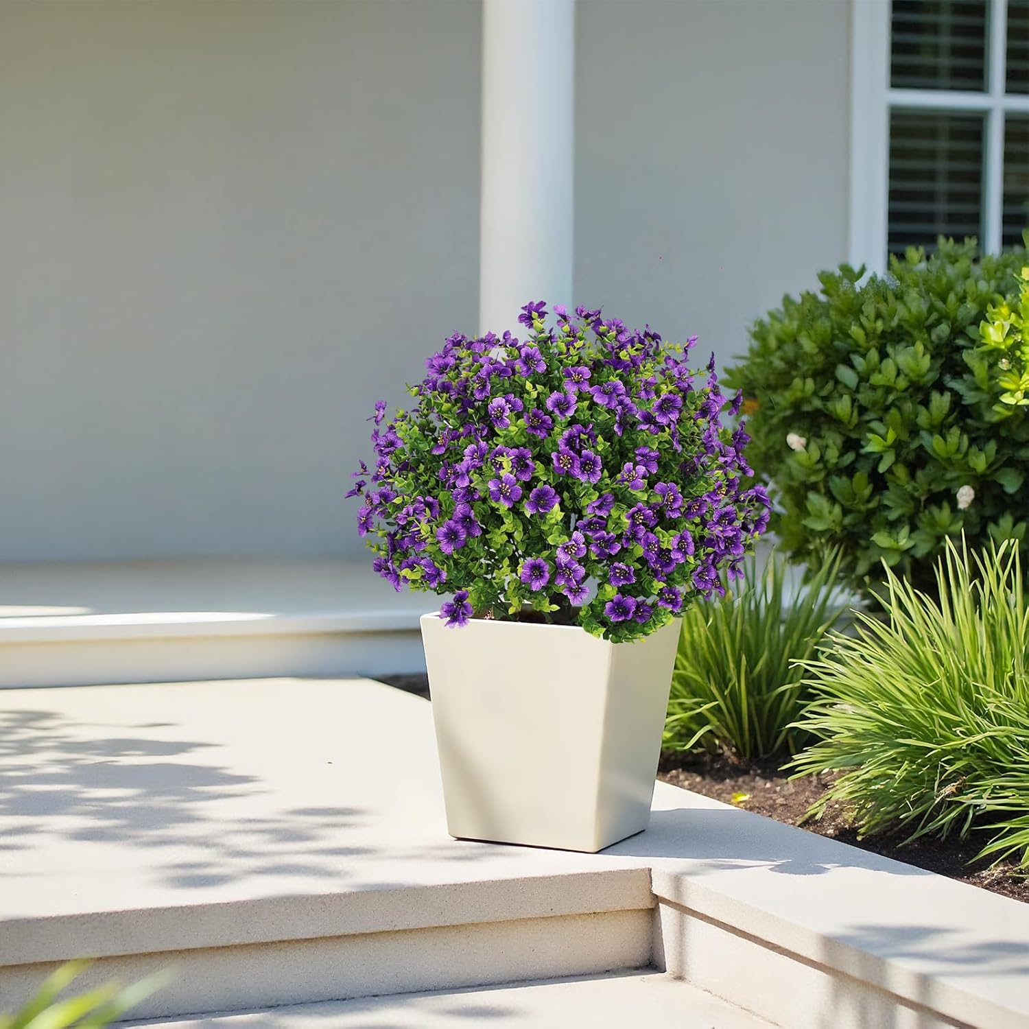 24" Artificial Eucalyptus Potted Plants Outdoor Set of 2 – UV Resistant Faux Topiary Greenery Fake Mums with Purple Silk Flowers in Cement Pots for Front Porch & Patio Outside Spring Decor