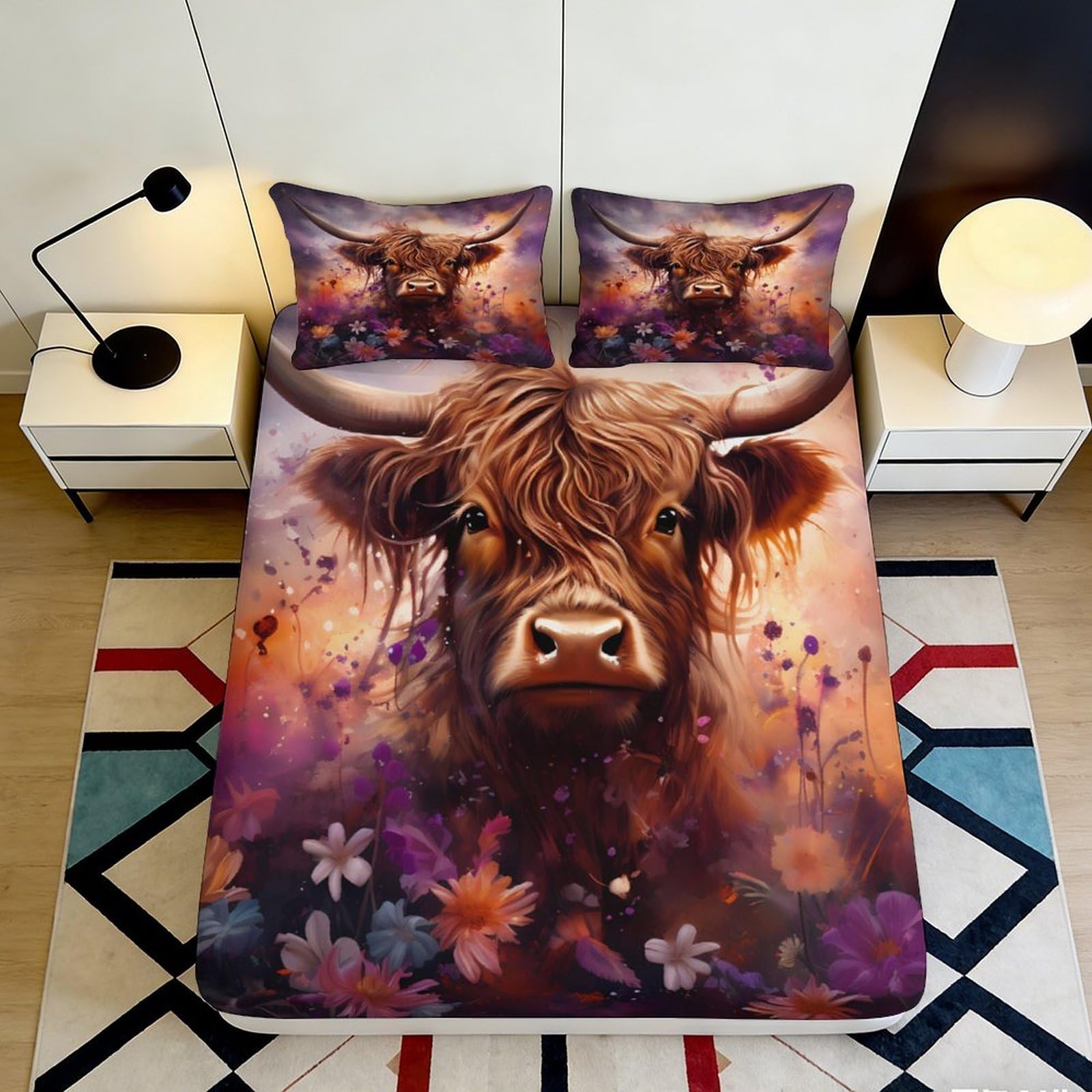 3D Printed Highland Cow Floral Fitted Sheet Microfiber Soft Anti-Slip Mattress Cover for Bedroom Dorm Decor 120x200x25cm