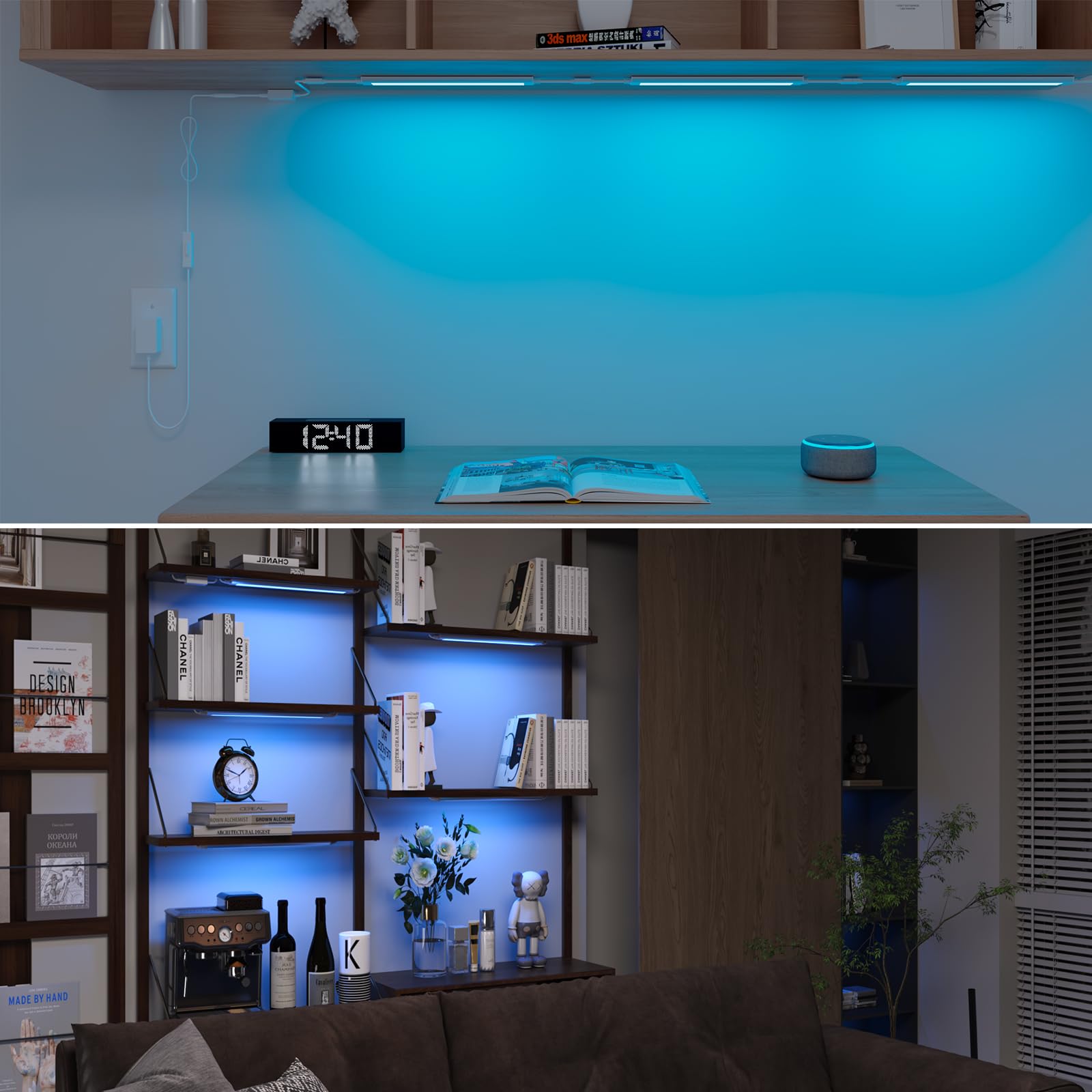 Luces debajo del mostrador para cocina, tiras de luz RGB enchufables para estantería, luces de pared, iluminación sobre gabinete, luces LED enlazables, compatible con Alexa, Google Assistant, control