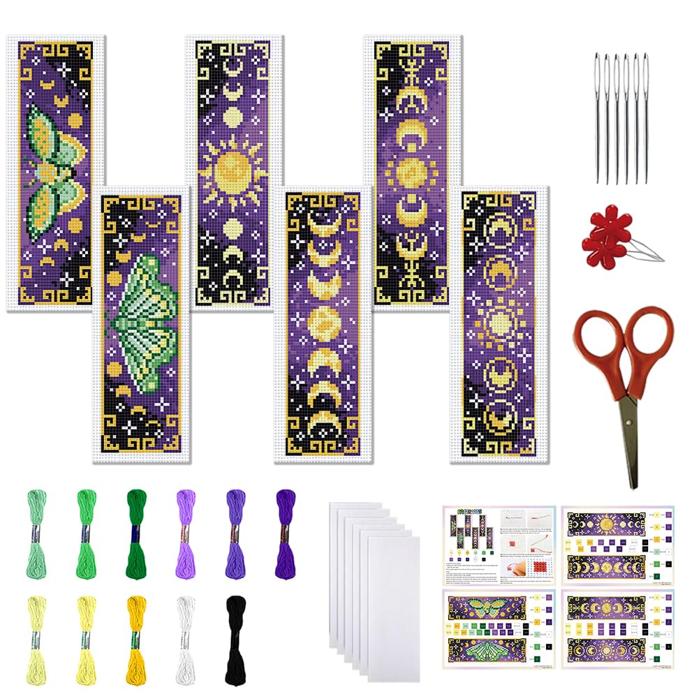 FREEBLOSS 6 Set Cross Stitch Bookmark Kits for Beginner Butterfly Moon Phases Stamped Cross Stitch Kit DIY Embroidery Bookmark Kit with Instructions 8" x 2.4"