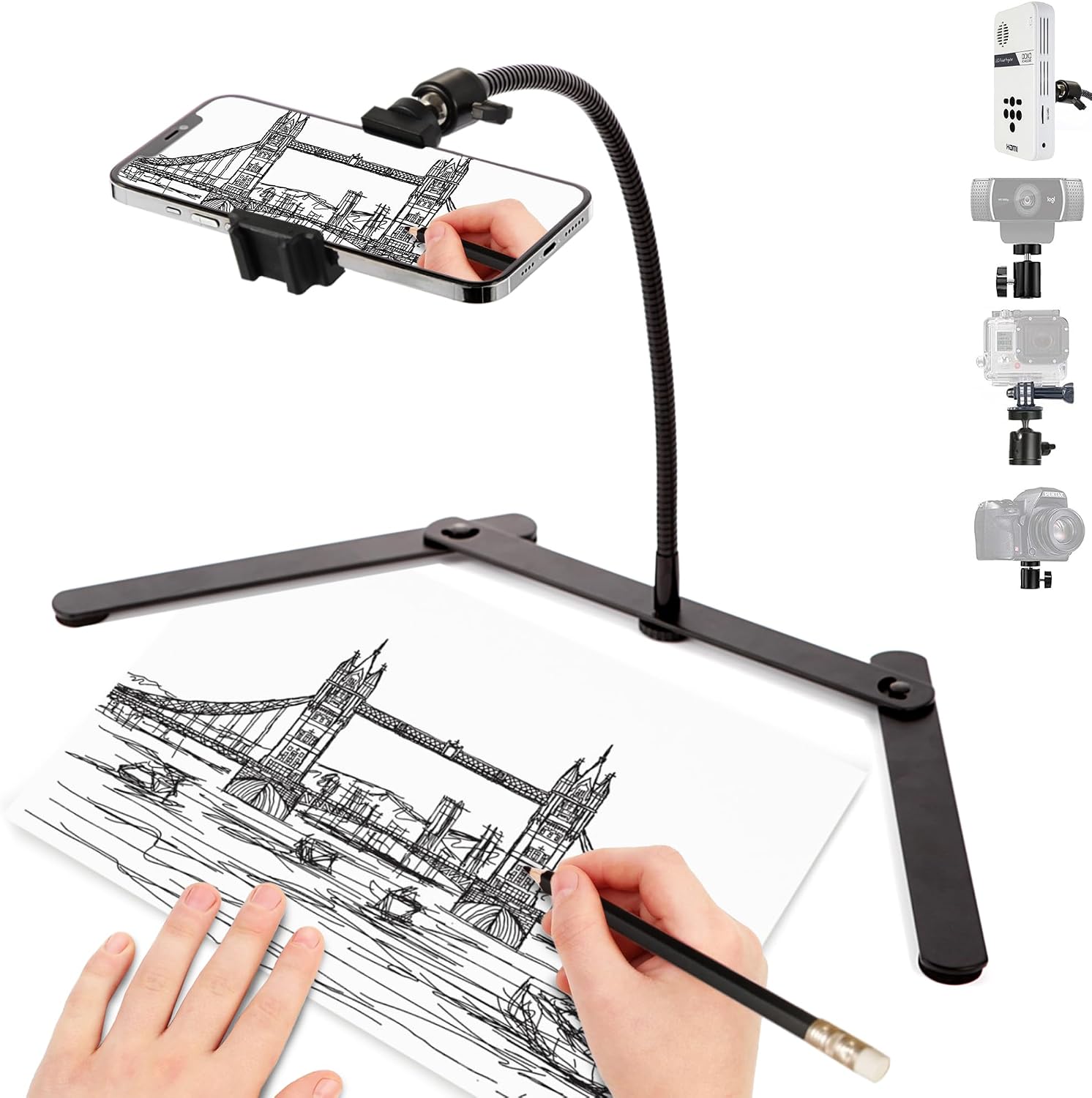 Overhead Phone Mount,Foldable Gooseneck Phone Holder,Overhead Tripod for iPhone, Webcam, Gopro, Pico Projector, Phone Stand for Recording, Live Streaming, Online Teaching