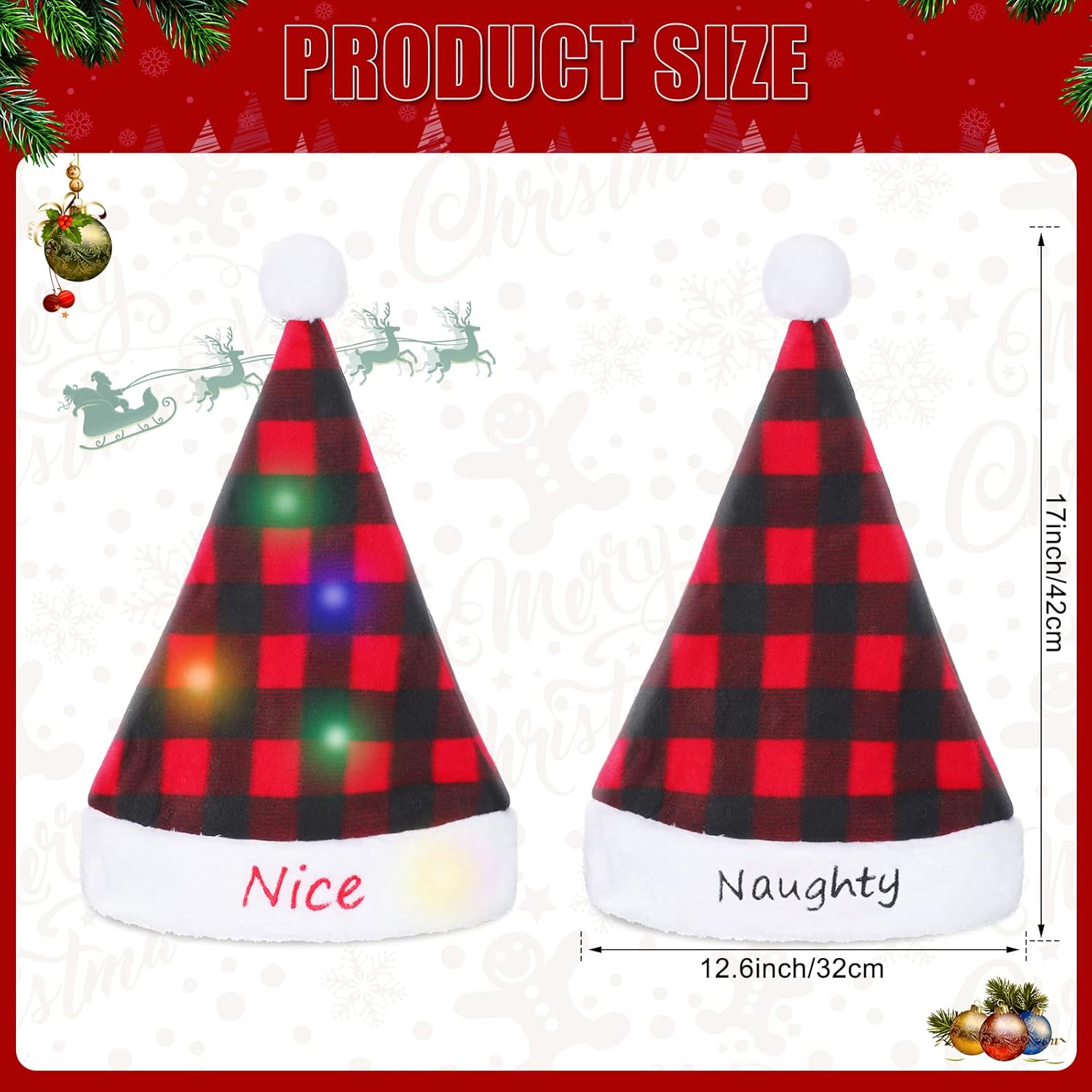 Kathfly 2 Pcs Naughty and Nice Christmas Santa Hats Light up Plush Santa Hat Green and Red Plaid LED Xmas Holiday Hats(Red, Black)