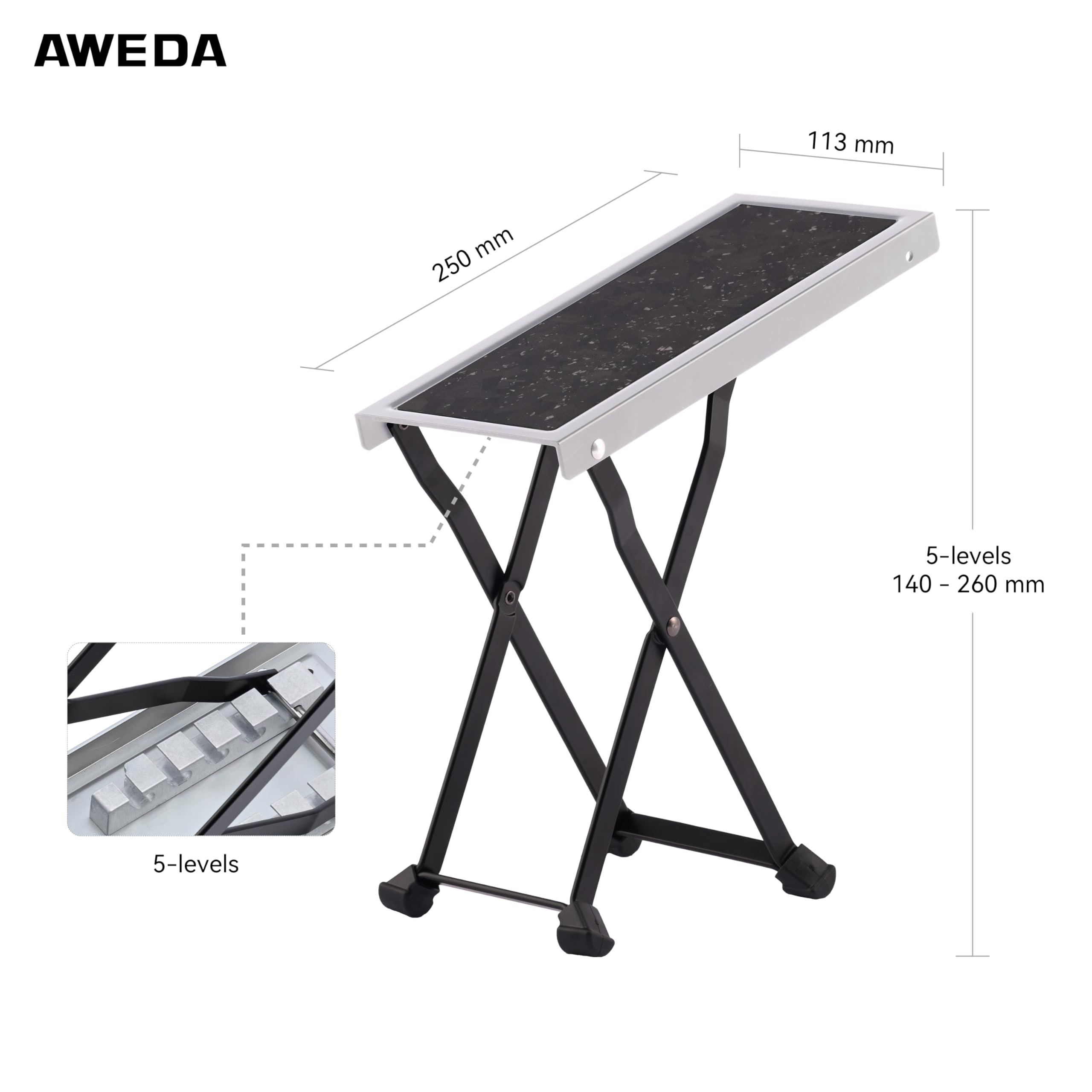 AWEDA Aluminum Guitar Foot Rest with Carbon Fiber Surface Enlarged Footrest Plate 5 Position Height Adjustable Guitar Foot Rest X-Shaped Foldable
