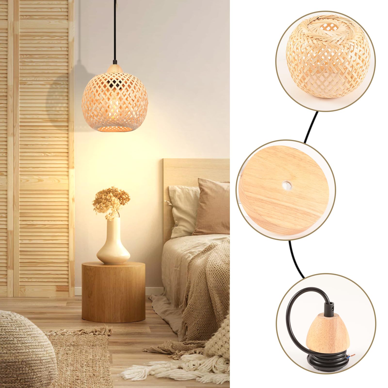 2 Stück Pendelleuchte Bambus Weben Kronleuchter Rattan Boho Style Bambus Lampenschirm Vintage Deckenlampe Dekoration Deckenleuchte für Restaurant, Wohnzimmer, Küche, Café