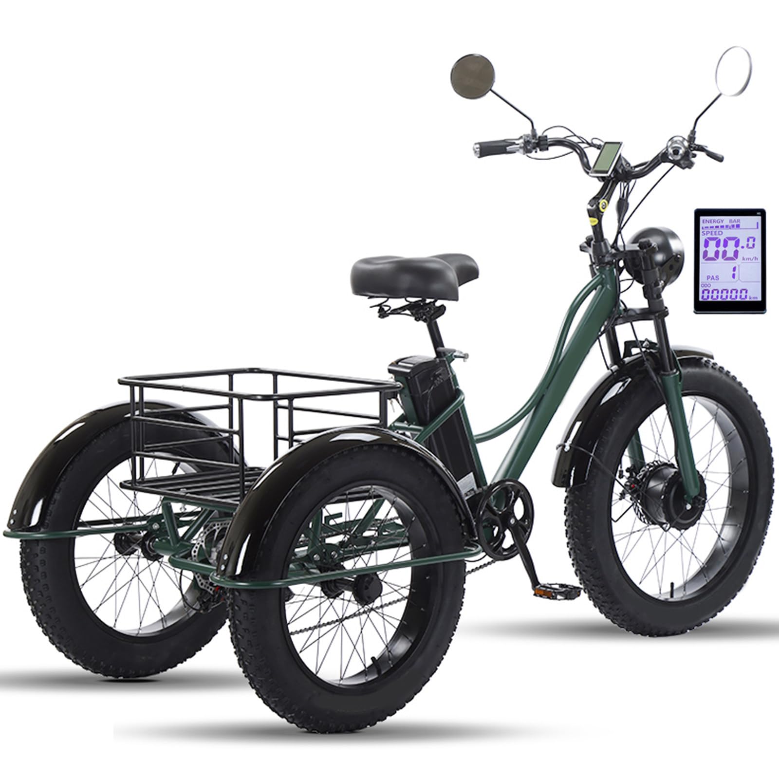 Triciclo Elettrico a 7 velocità per Anziani – E-Trike a 3 Ruote con Ampio Cestino – Triciclo Elettrico per Adulti con Pneumatici Fat da 24" X 4.0" – Display LCD, Autonomia di 65 Km Green