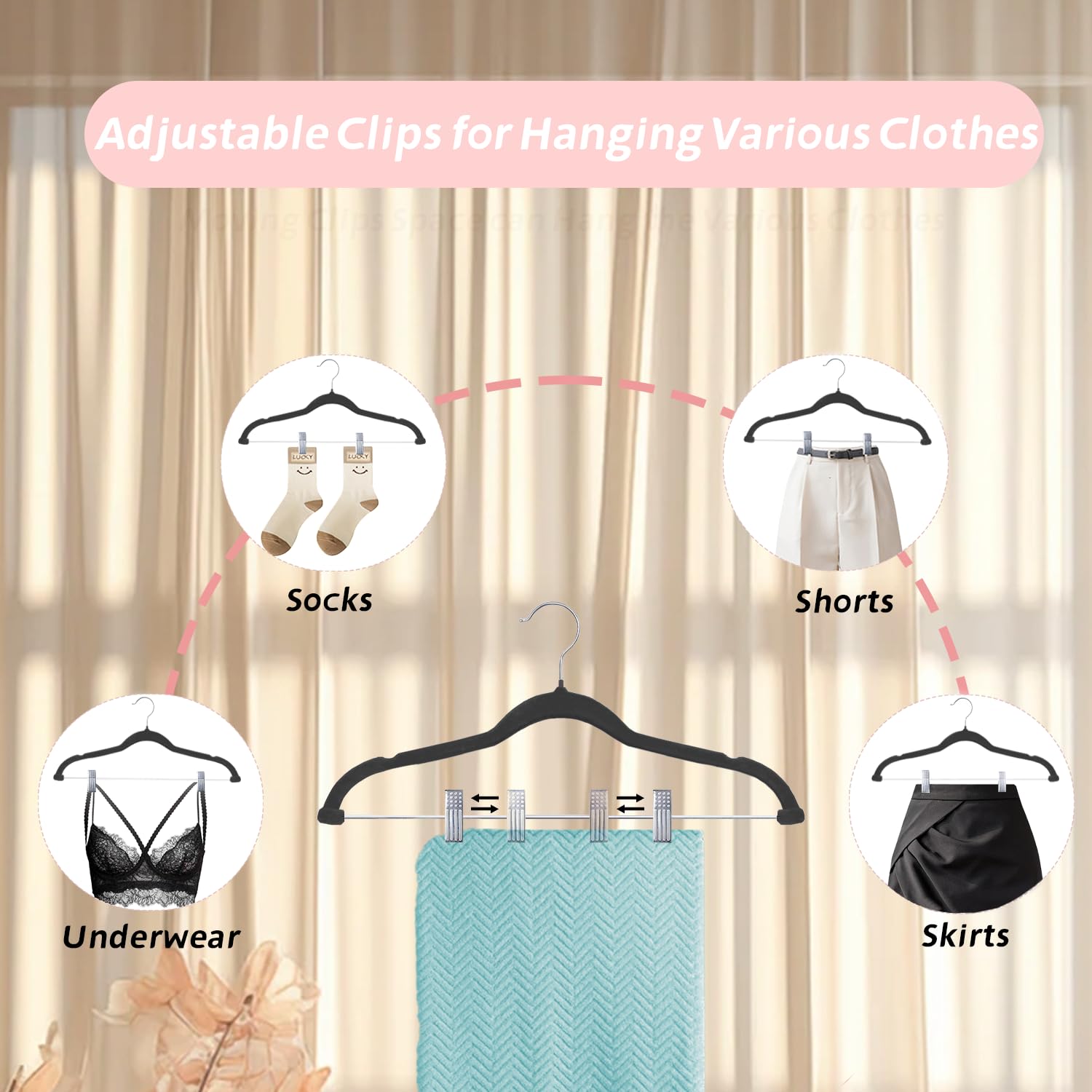 ManGotree Trouser Hangers with Movable Clips, Non-slip Velvet Clothes Hangers, Space-saving Skirt Hangers for Shirts Pants - Image 3
