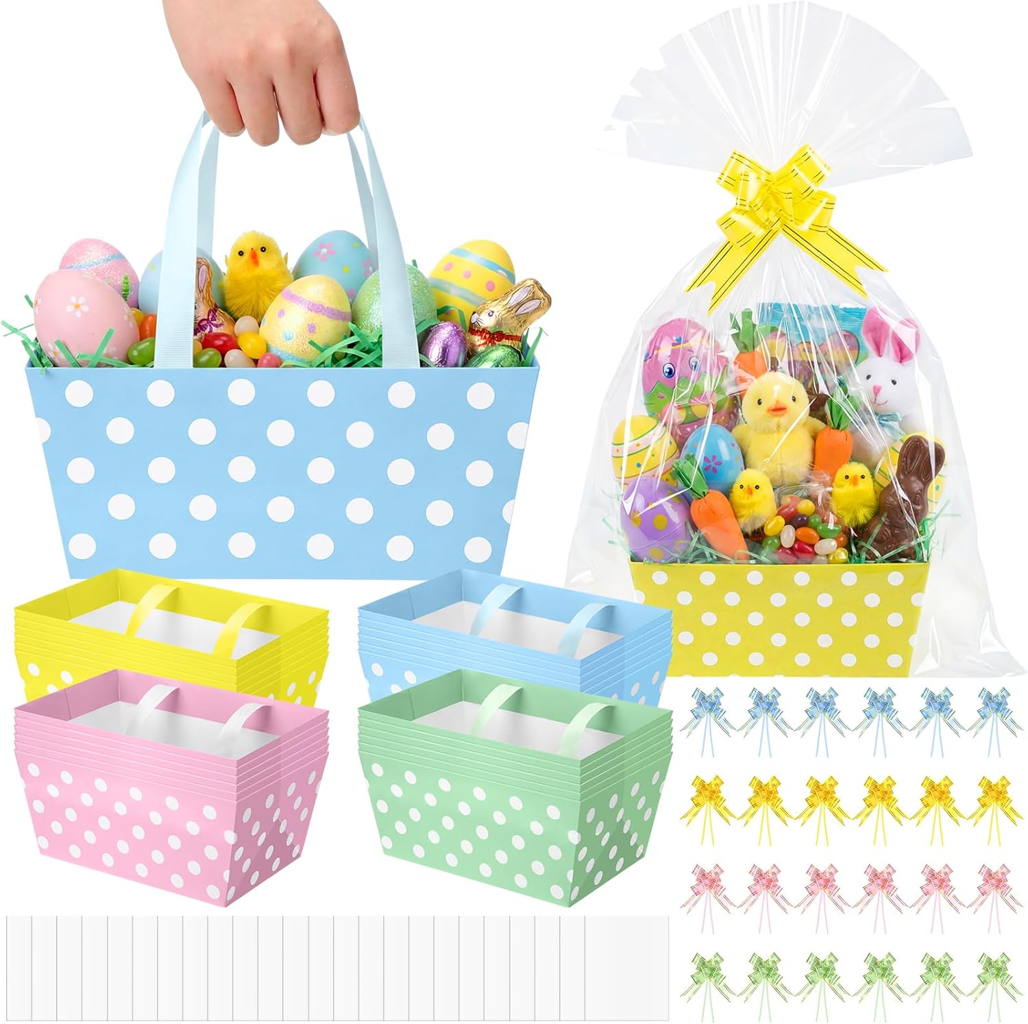 Funnymoom 24 Pcs Pastel Easter Basket for Gifts Empty Pink Blue Yellow Green Polka Dot Gift Basket Empty to Fill with Handle, Plastic Bag & Bow for Spring Wedding Party Favor Supplies, 9.8x6.5x4.3''