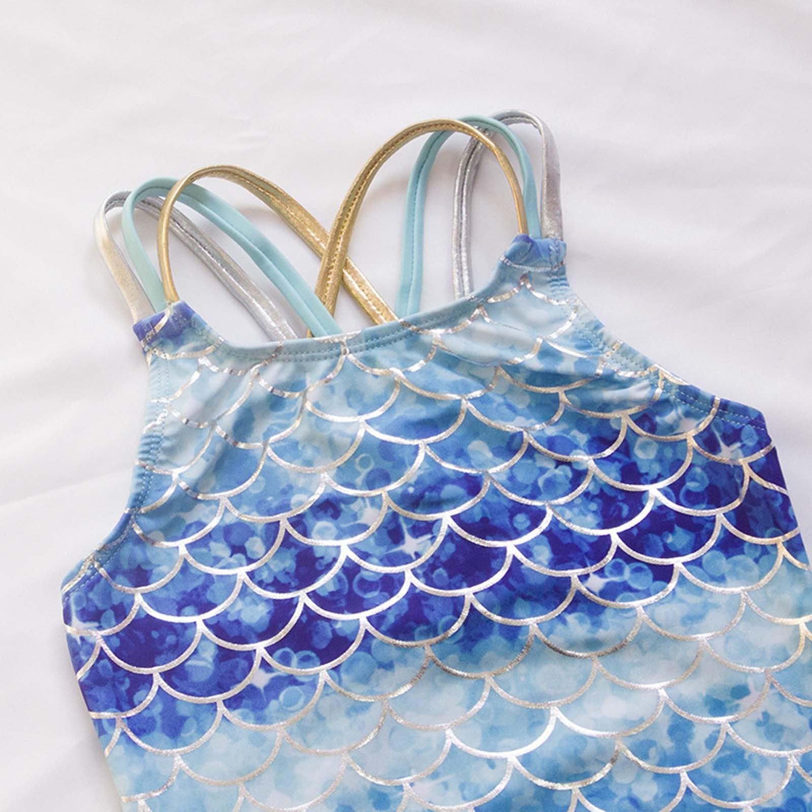 Traje de baño de verano Madchen nuevo traje de baño azul de una pieza para niñas con diseño de escamas de peces de lámina dorada, traje de baño para niños.