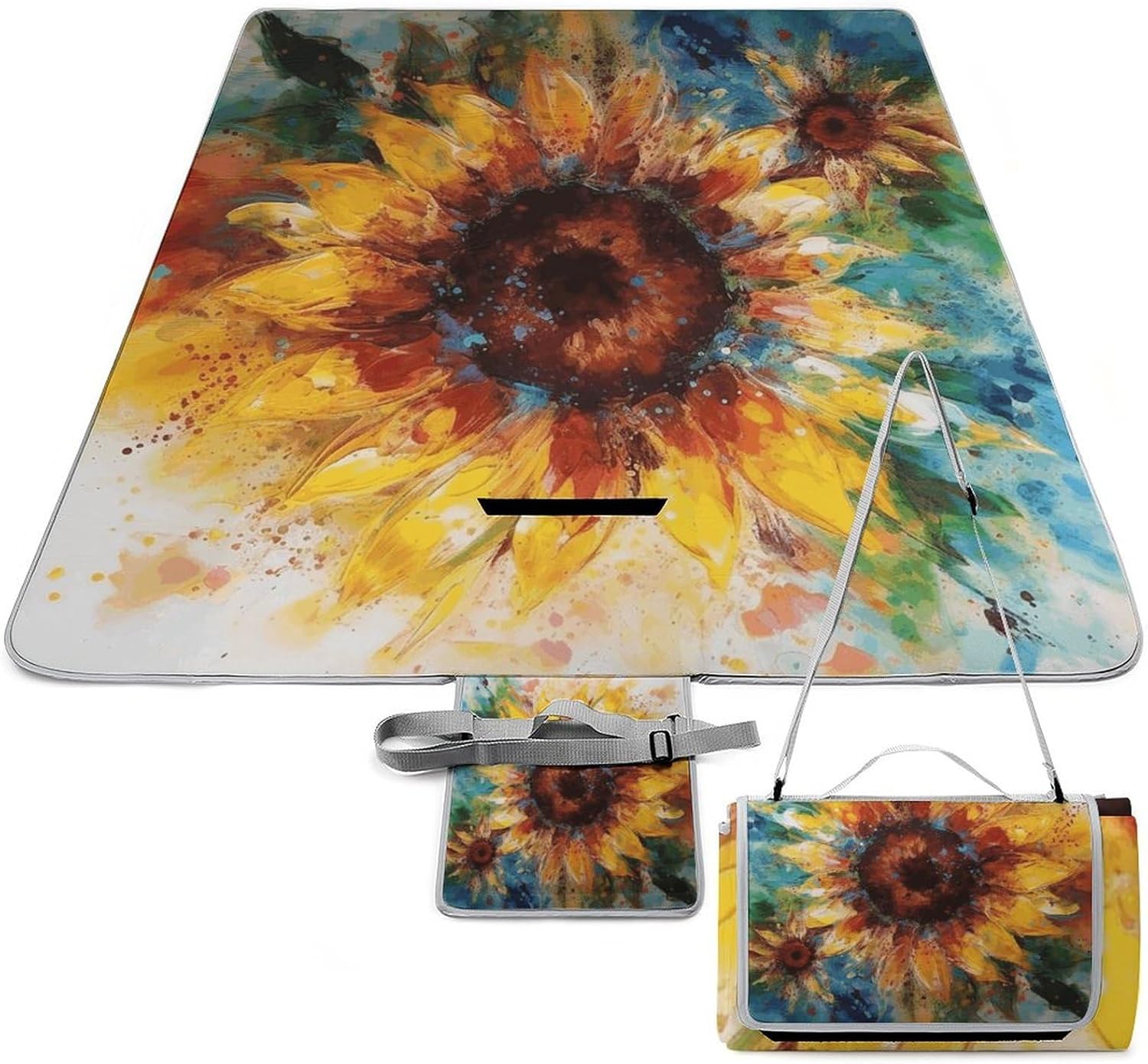 Abstract Sunflower Multicolor Waterproof Picnic Blanket 58.3''x58.3'',Portable and Foldable Picnic Mat with Handle,Outdoor Blankets for Lawn Park Beach Travel