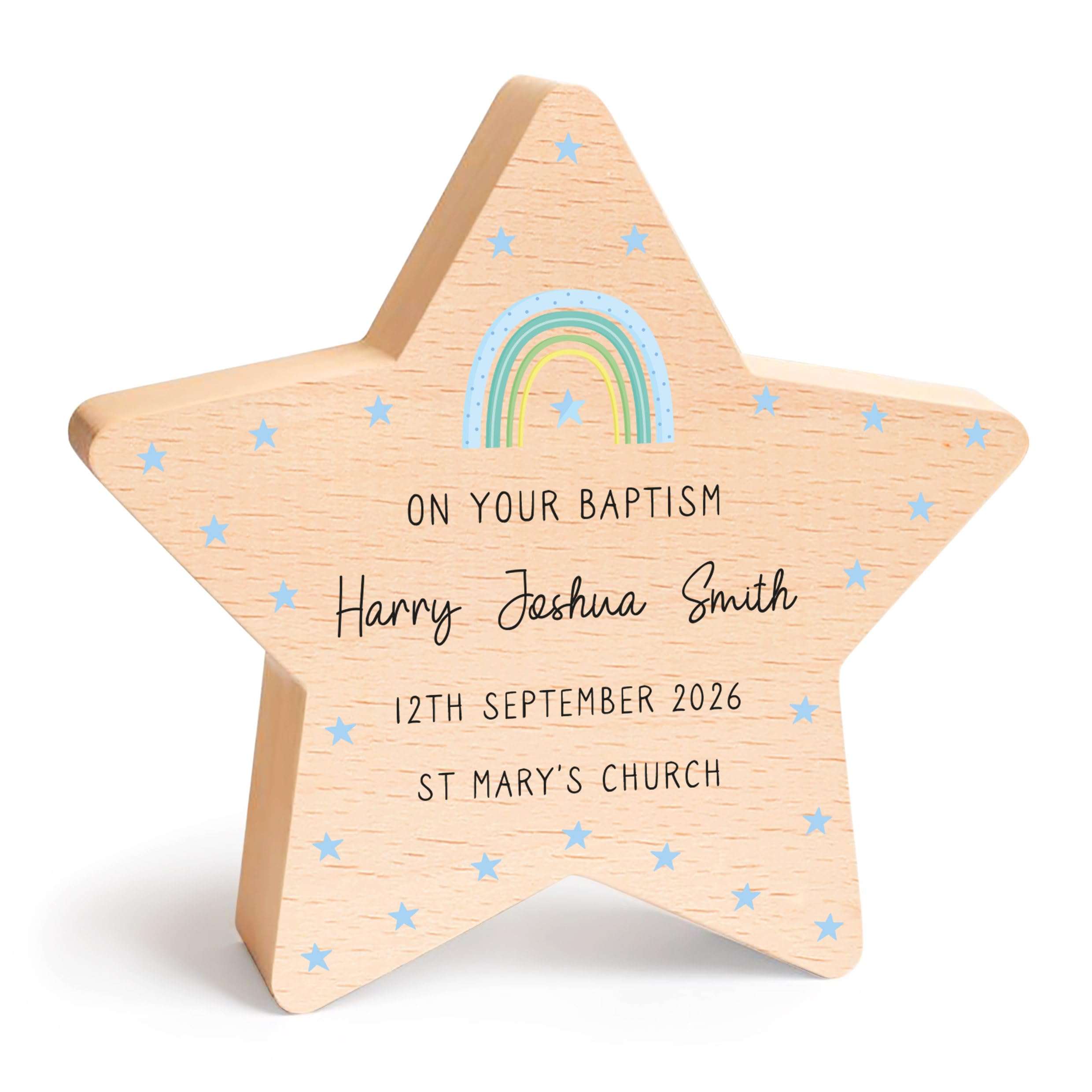 Beecreative Personalised Baptism Gifts For Boys Grandson Nephew, Baptism Day Keepsake, Baptised Gifts, Wooden Star With Grey Bag