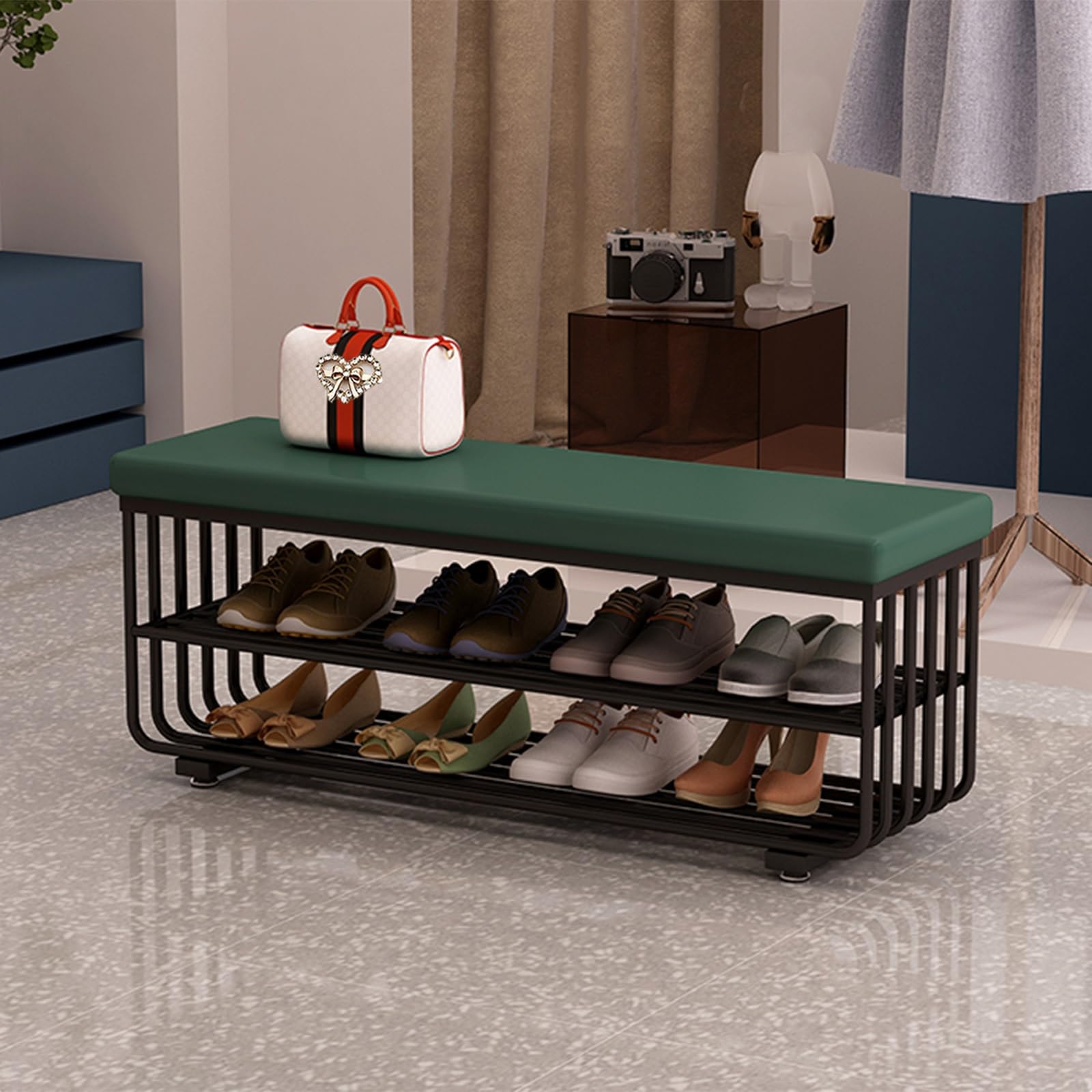 Banc de pied de lit en similicuir vert foncé pour sublimer l'ambiance de la chambre