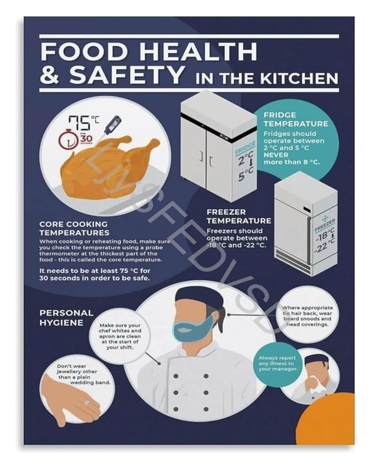 PKNVKZIDK Food For Grilling And Cooking Poster Meat Temperature Guide Hygiene Tips To Avoid Cross Contamination Framed,16x24inch(40x60cm)