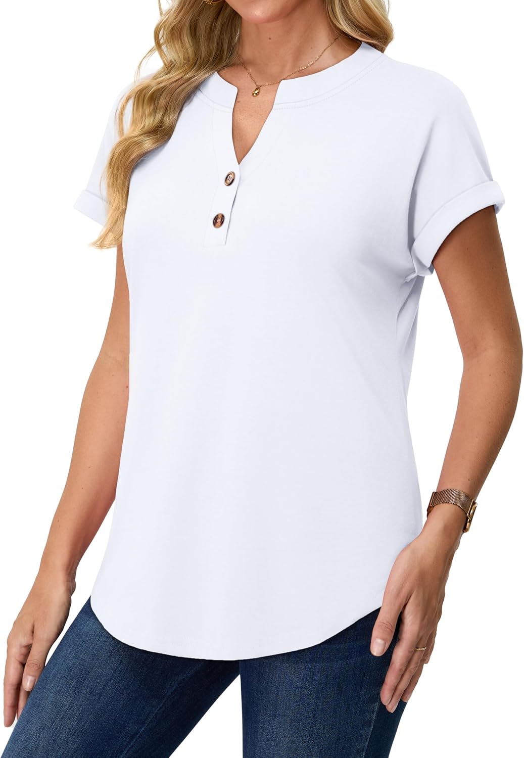 rosemia Womens Short Sleeve Shirts V Neck Dressy Casual Blouses Summer Loose Fitting Henley Tops - Image 4