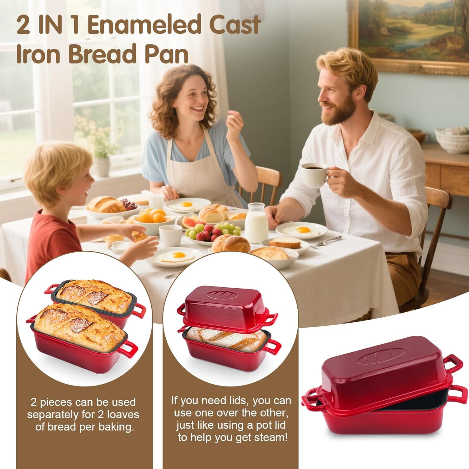 Demine Bread Pan Enameled Cast Iron Loaf Pan with Lid, Bread Oven, Dutch Oven Loaf Cast Iron for Baking Homemade Sourdough Bread