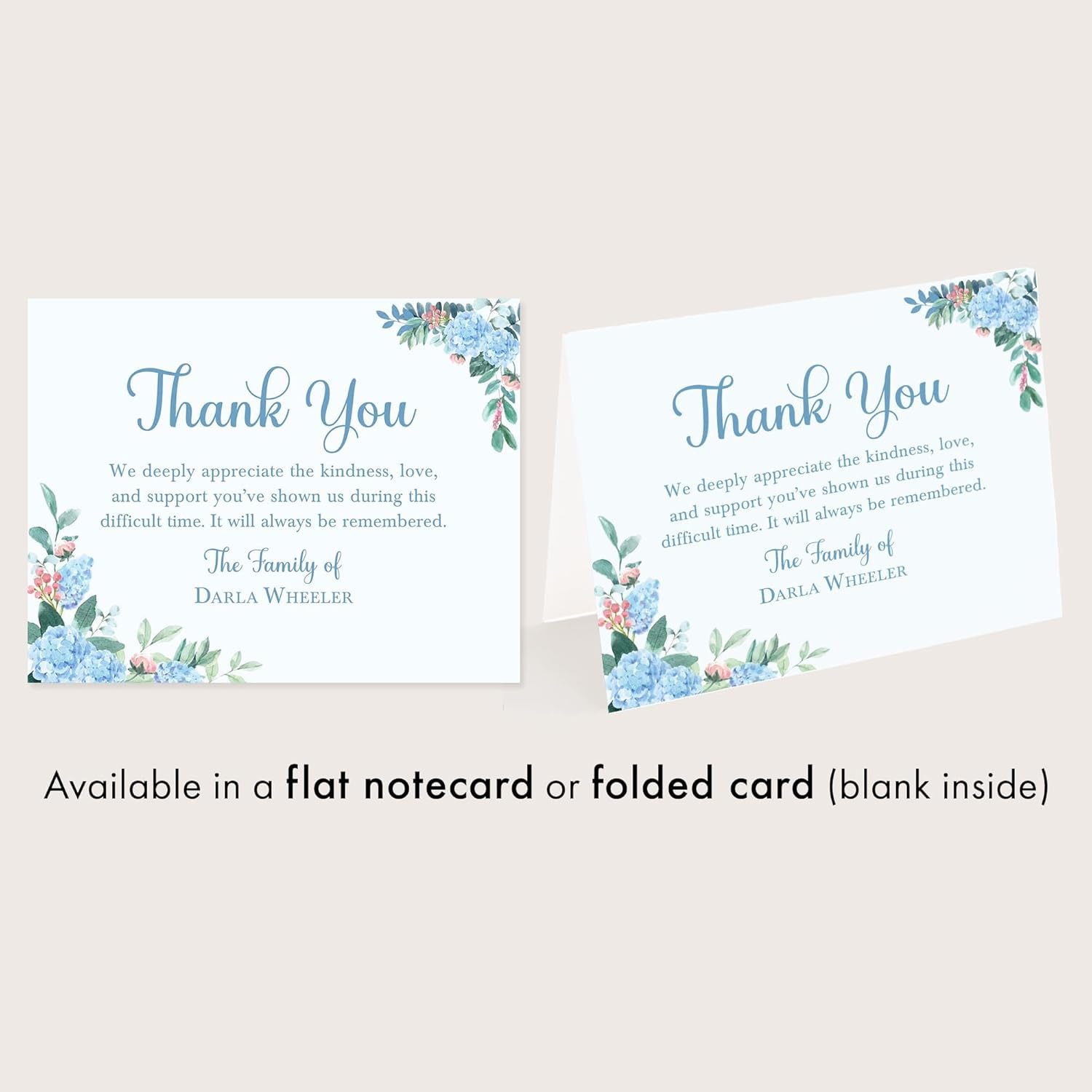 Floral Sympathy Thank You Cards, Personalized Funeral Thank You Cards, Bereavement Notes with Envelopes, 5.5x4.25 Flat Notecards (Blue Floral, Flat Notecard)