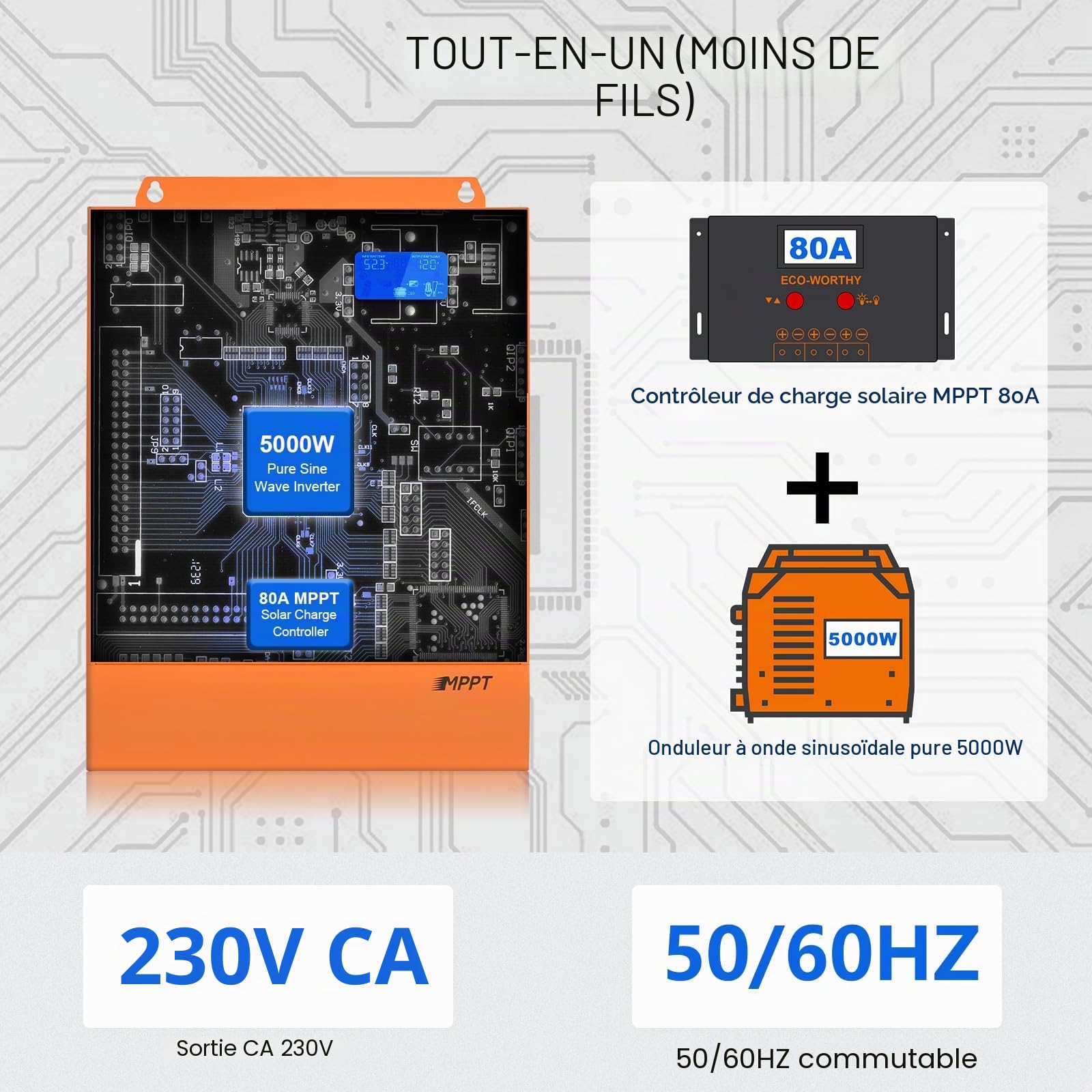 ECO-WORTHY Onduleur hybride 48 V 5000 W pur sinusoïdal + régulateur de charge solaire MPPT 80 A CC à 220 V/230 V CA onduleur solaire pour camping-car maison complète système solaire