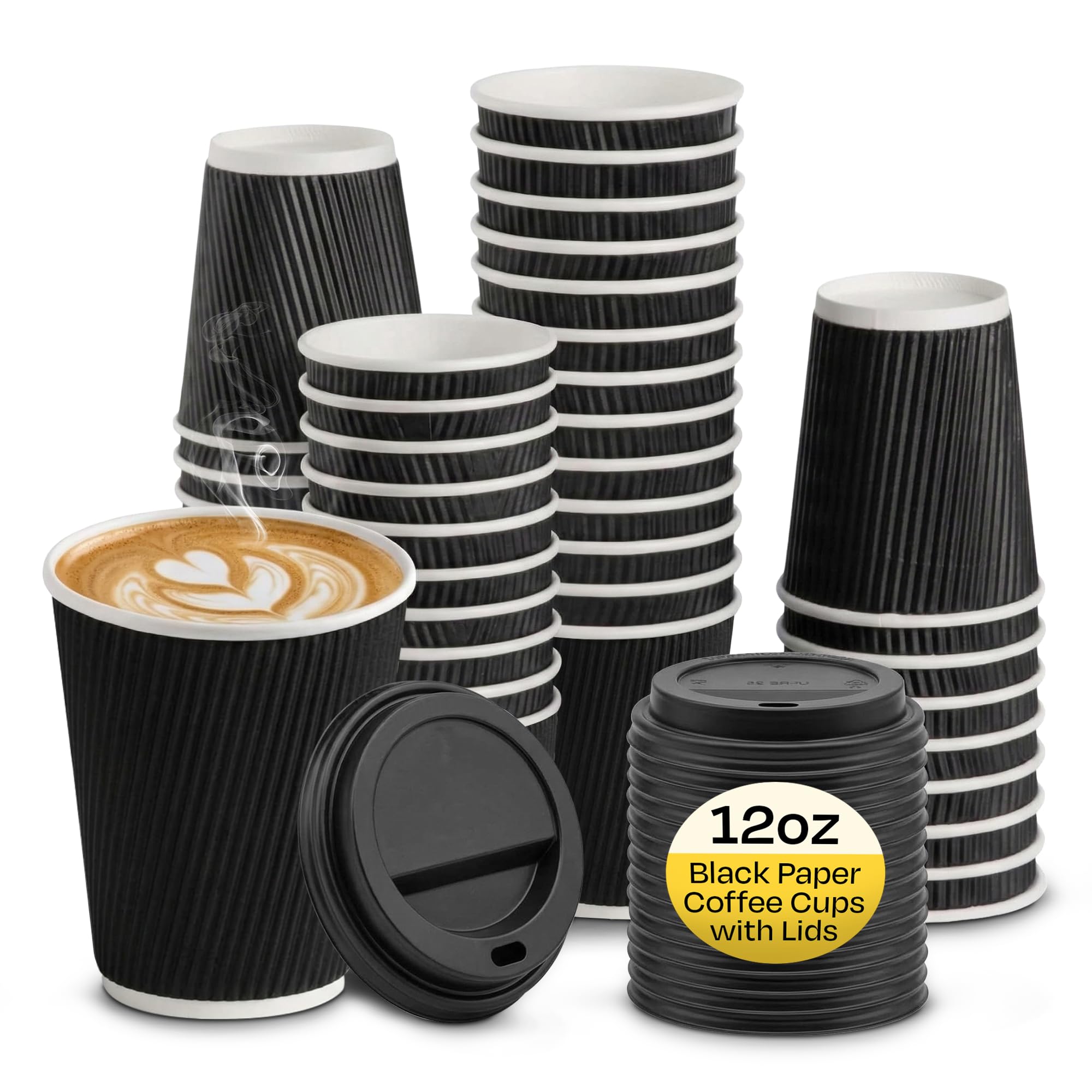 We Can Source It Ltd – 200 Sets of 12oz Insulated Black Paper Coffee Cups with Lids, Disposable Hot Beverage Cup for Coffee, Tea - Leak-Proof Disposable Coffee Cups for Home, Office and Cafes