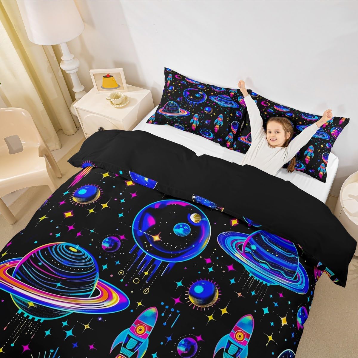 jejeloiu Kids Galaxy Bedding Set Toddler Size, Outer Space Duvet Cover Solar System Comforter Cover Boys Girls Universe Planets Teens Bedspread Cover Bed Set with 1 Pillow Case (No Comforter)