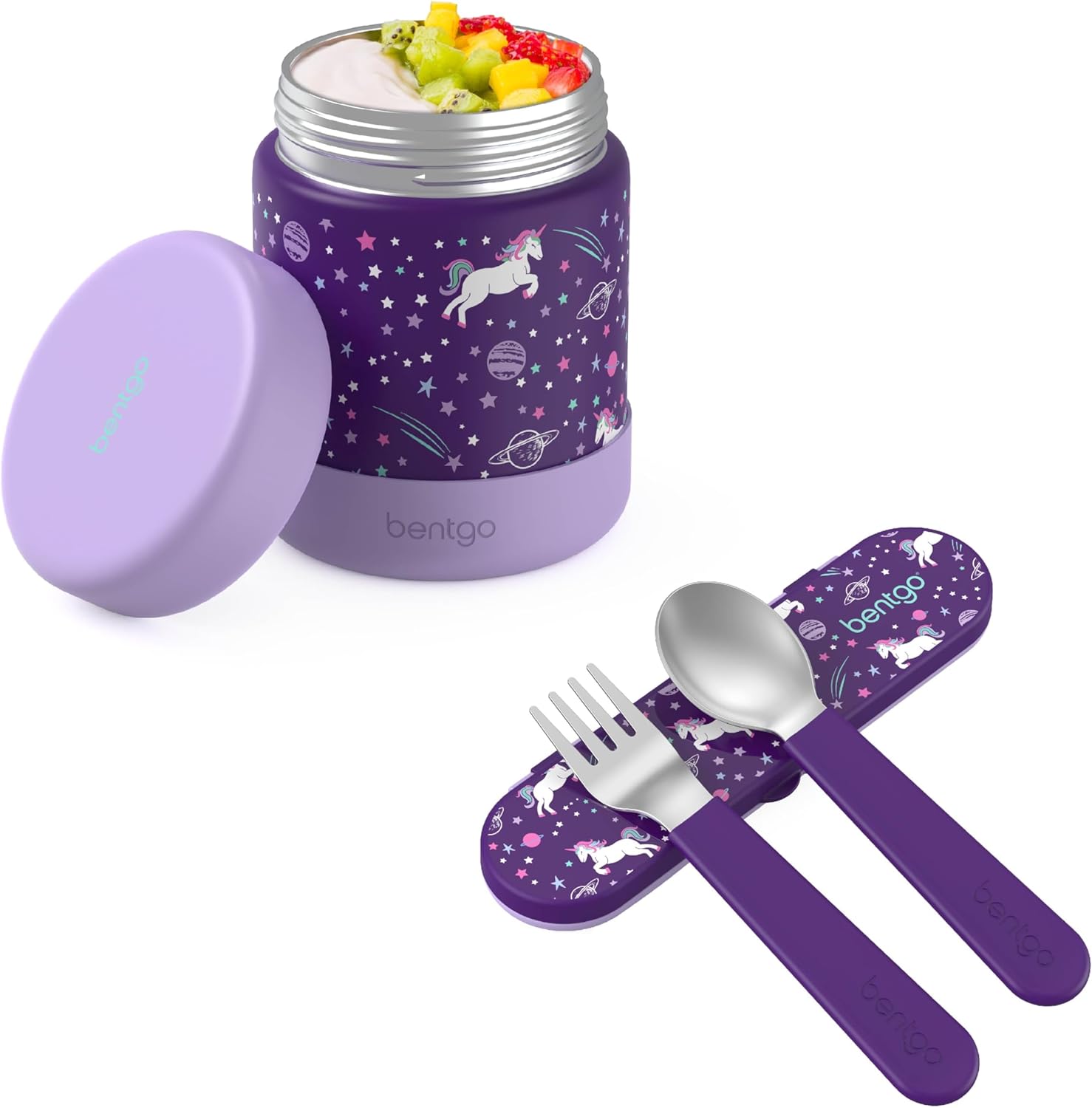 Bentgo Kids Stainless Steel Food Jar and Reusable Stainless Steel Utensils Set (Unicorn)