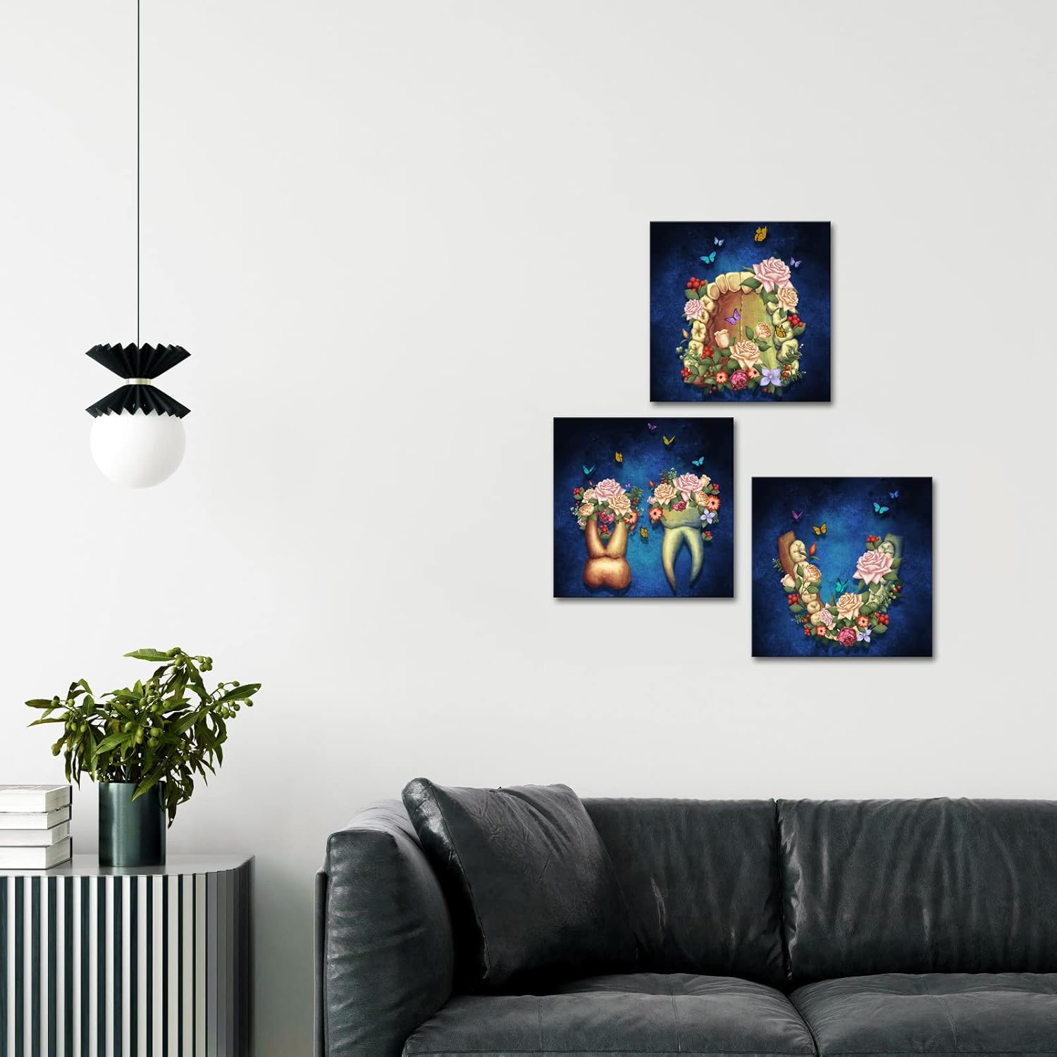 iHAPPYWALL 3 Pieces Dental Canvas Wall Art Abstract Human Floral Tooth Butterflies Anatomy Medical Artwork for Clinic Dentistry Office Decor Ready to Hang 12x12inchx3pcs