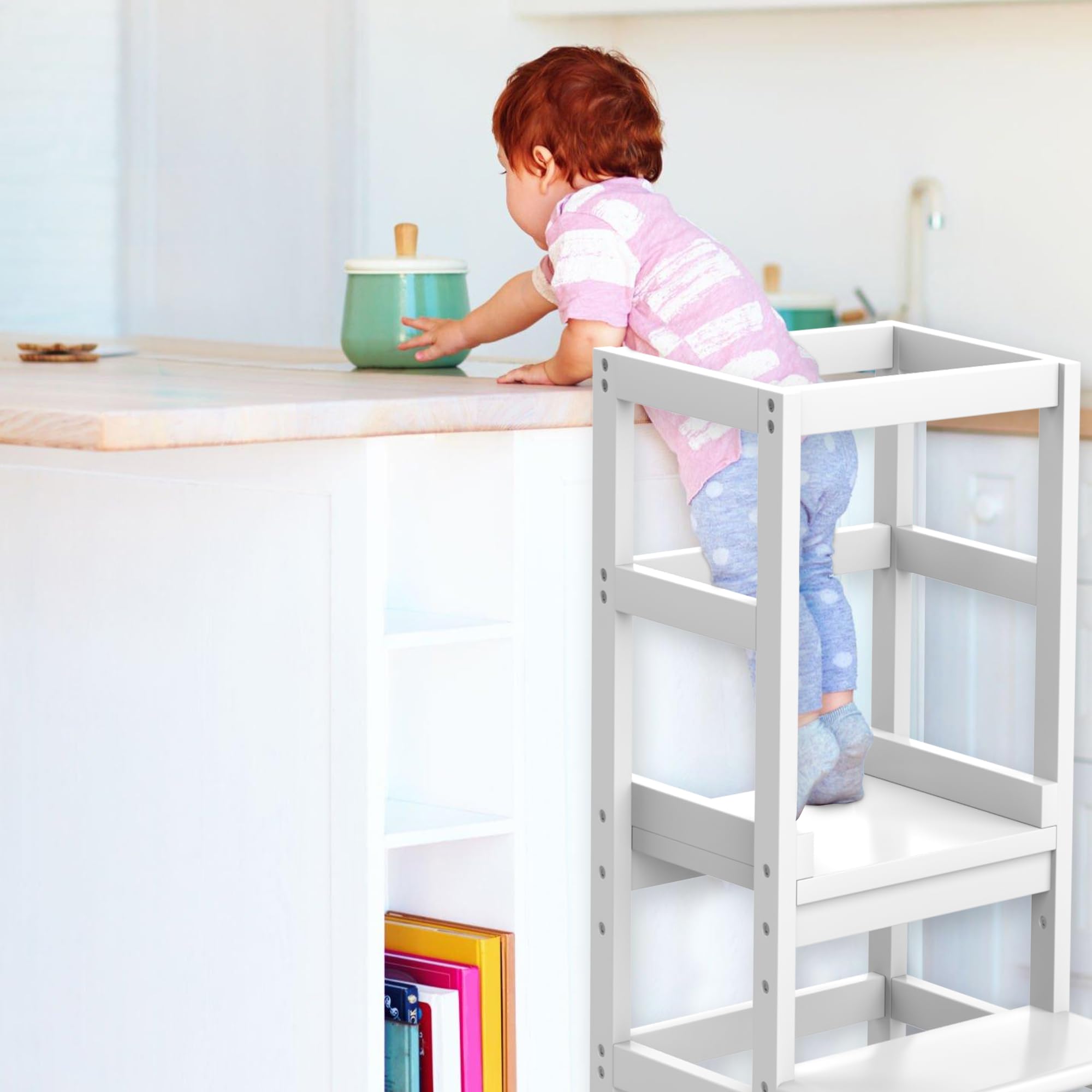 Torre Montessori per Bambini in Legno Bianco – Torre di Apprendimento Regolabile in Altezza, Sicura e Stabile, Ideale per Cucina e Bagno