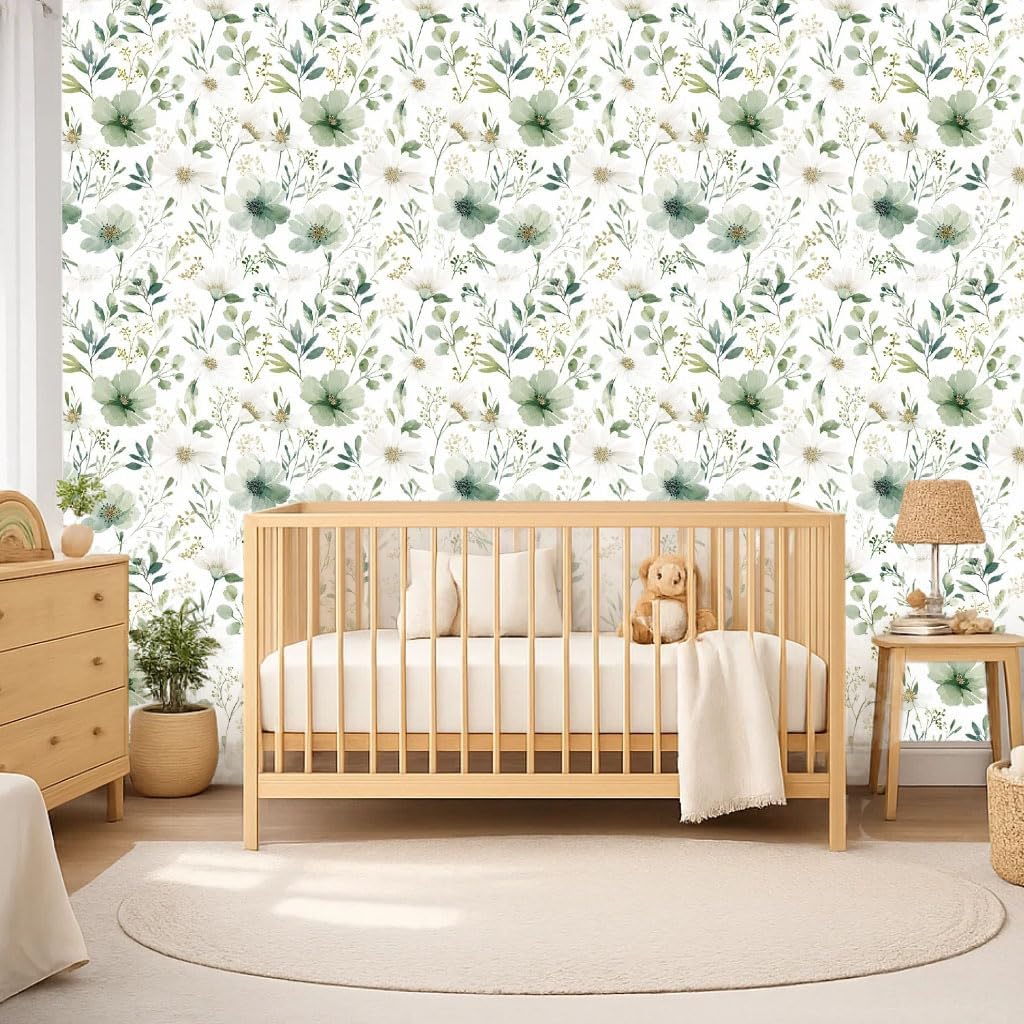 Sage Green Floral Peel and Stick Wallpaper Self Adhesive Removable Modern for Bedroom Accent Wall Renter Friendly Thick Watercolor Natural Flower Wallpaper 17.7" x 118"
