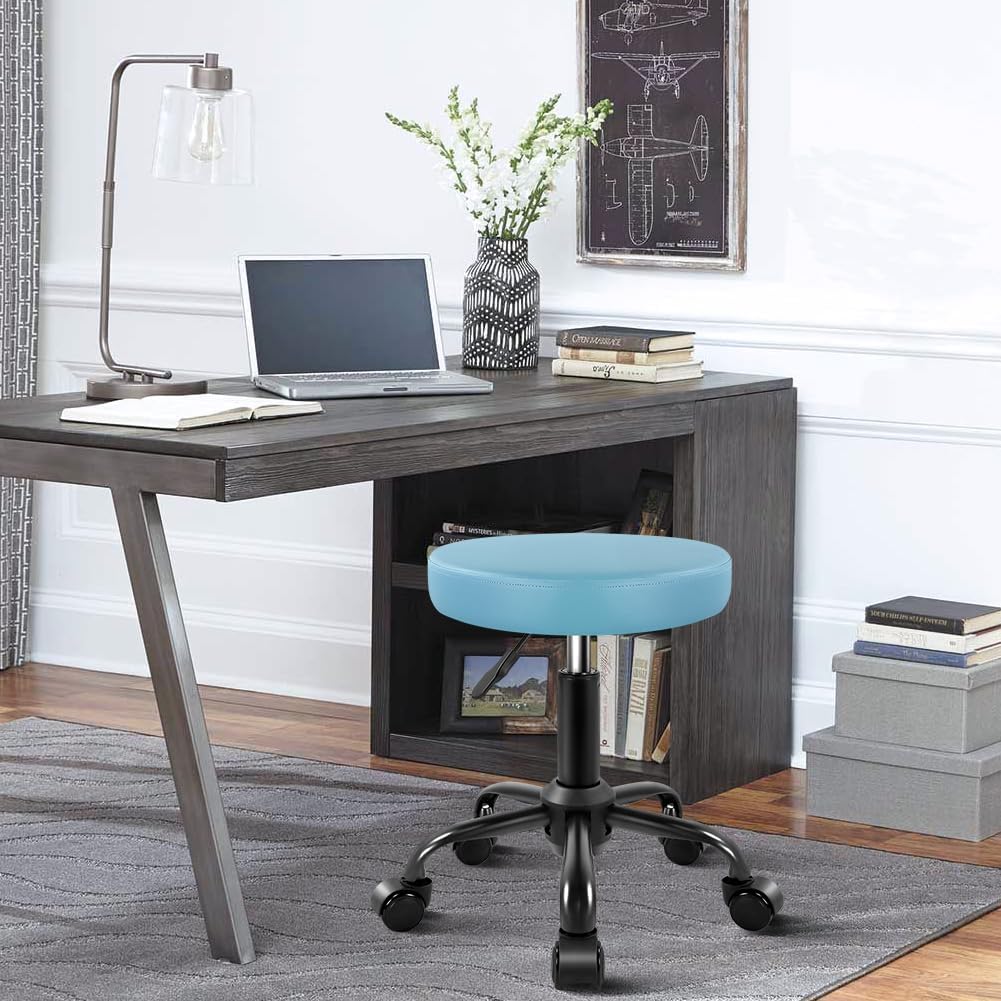 KKTONER Round Rolling Stool Height Adjustable Stool PU Leather Chair with Wheels Salon Spa Drafting stools Small Sky Blue