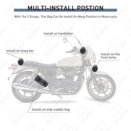 Miniatura 7 de Bolsa de horquilla para motocicleta, universal de piel sintética con 2 correas, cierre de hebilla, bolsa para manubrio de motocicleta, bolsa de
