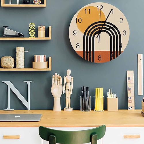 Miniatura 5 de Reloj de pared silencioso de madera, mecanismo de cuarzo, funciona con pilas, terracota estética, arte abstracto moderno de mediados de siglo,