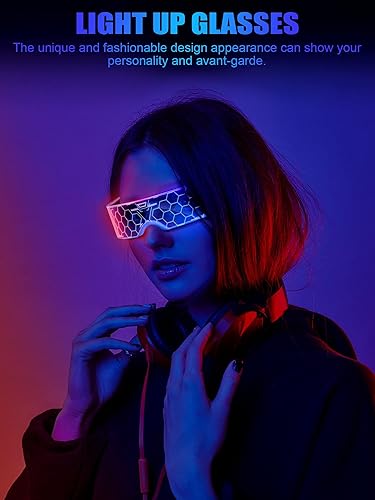 Miniatura 7 de 2 pares de anteojos de visera LED, 7 colores, gafas futuristas, 4 modos, anteojos luminosos de panal de abeja para adultos
