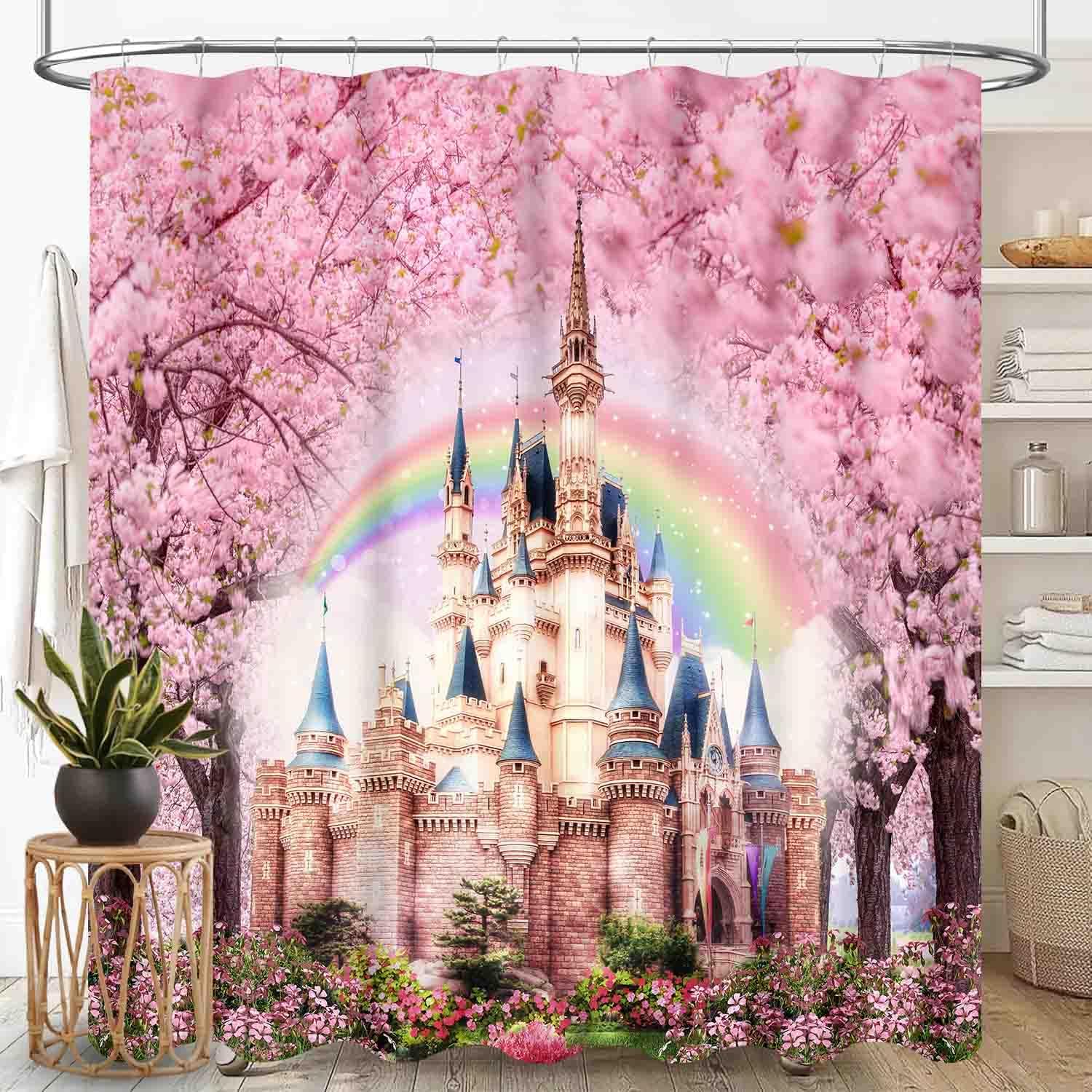 Princess Shower Curtain for Girl Kids Bathroom, Once Upon a Time Magic Gold Castle Romantic Pink Watercoror Floral Fairy Dreaming Waterproof Fabric for Shower Curtain Set with Hooks, 72"x84" Inch