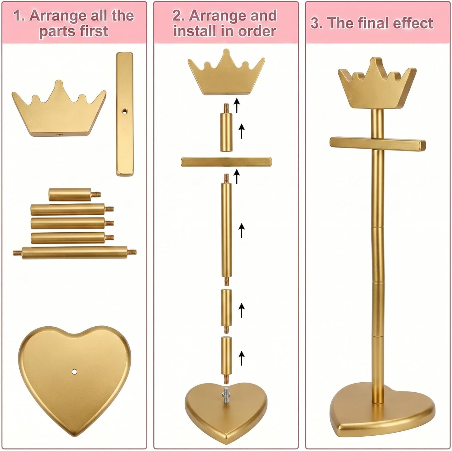 RattanView Baby Clothes Display Stand Wooden Baby Shower Centerpiece Adjustable Height Crown Shaped Topped Dress Hanger Doll Dress and Outfit Stand Rack Hand Assembled Hangers Display (Gold)