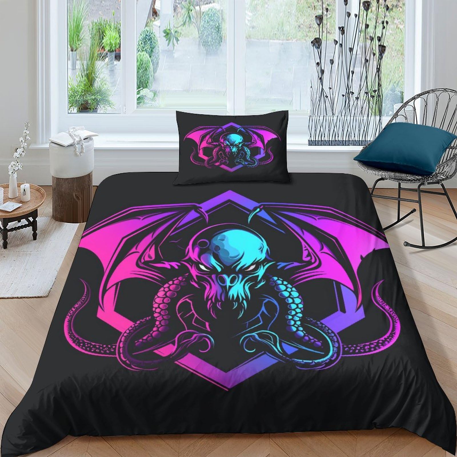 Housse de couette tête de mort 135x200 cm avec 2 taies d'oreiller en microfobre douce