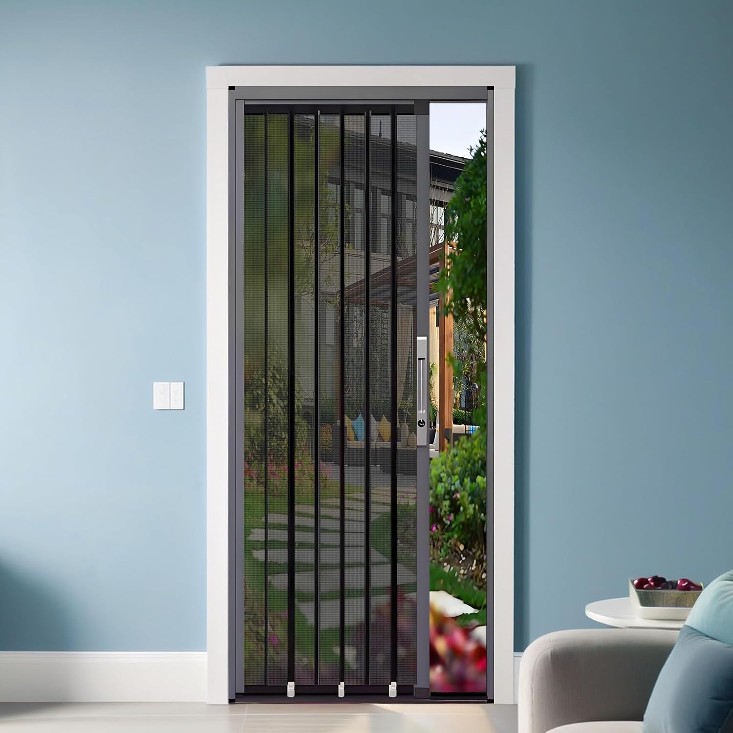 Retractable Screen Door 32x74inch, No Drill Installation, Durable Aluminium Frames Locking Folding Vent Doors for Porch Front Door Balcony Patio Bedroom
