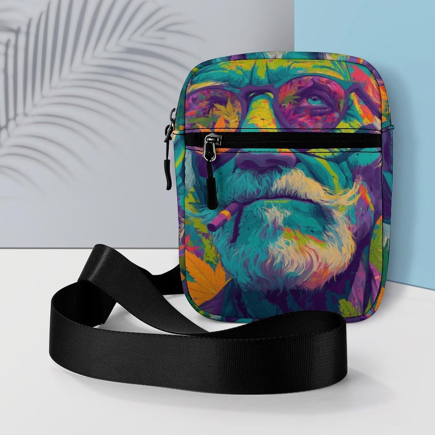 Psychedelic Weed Elderly Man Art Small Crossbody Bag Sling Shoulder Satchel | for women men,work travel workout,detachable and adjustable shoulder strap