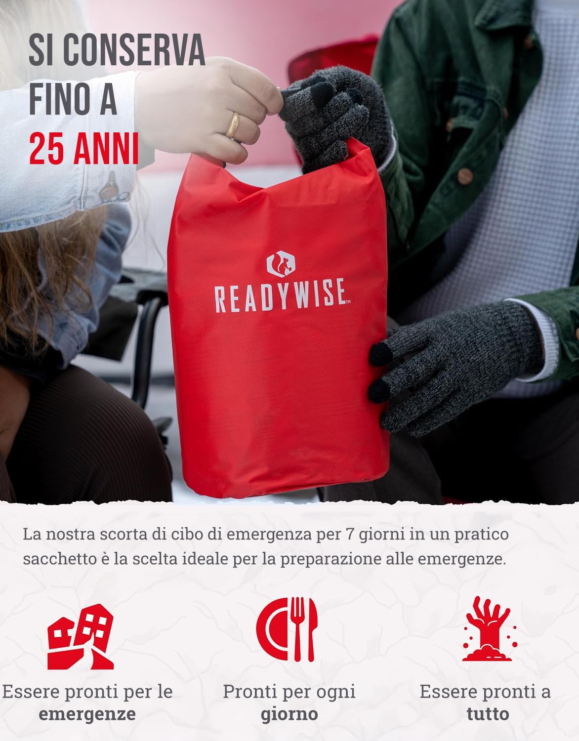 ReadyWise, 60 porzioni, colazione, pranzo e cena, borsa asciutta Grab & Go, liofilizzato, fino a 25 anni di conservazione, cibo d’emergenza