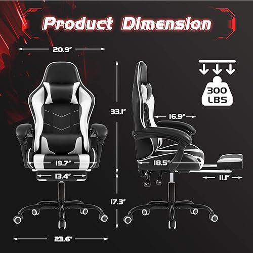 Miniatura 3 de Shahoo Silla de juegos con reposapiés y soporte lumbar de masaje, sillas de videojuegos giratorias de 360 y asiento ajustable en altura con
