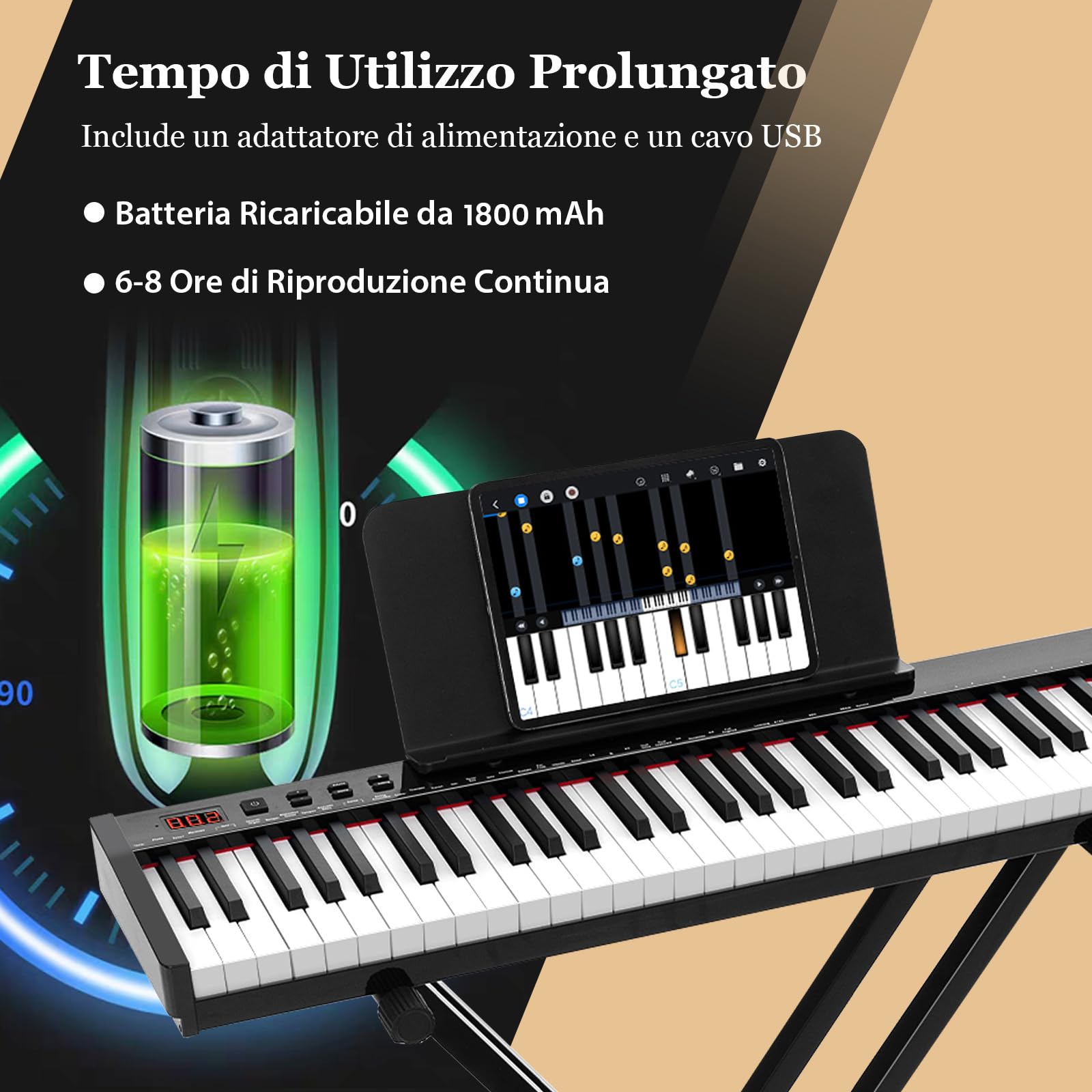 COSTWAY Set Pianoforte Digitale 61 Tasti, Tastiera Musicale con Sgabello Portatile, Pianoforte Elettronica con Supporto, Pedale Sustain, MIDI, USB e Funzione di APP Bluetooth