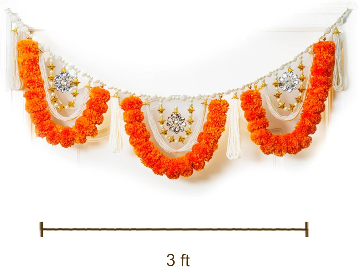 Pearl & Stone Made Toran | Artificial Flowers Toran with White Gold Moti | Home Door Hanging, Living Room, Bandanwar, Wedding, Diwali, Pooja, Mandir Decor & Indian Housewarming Gift - 3 Ft (Pack of 1)