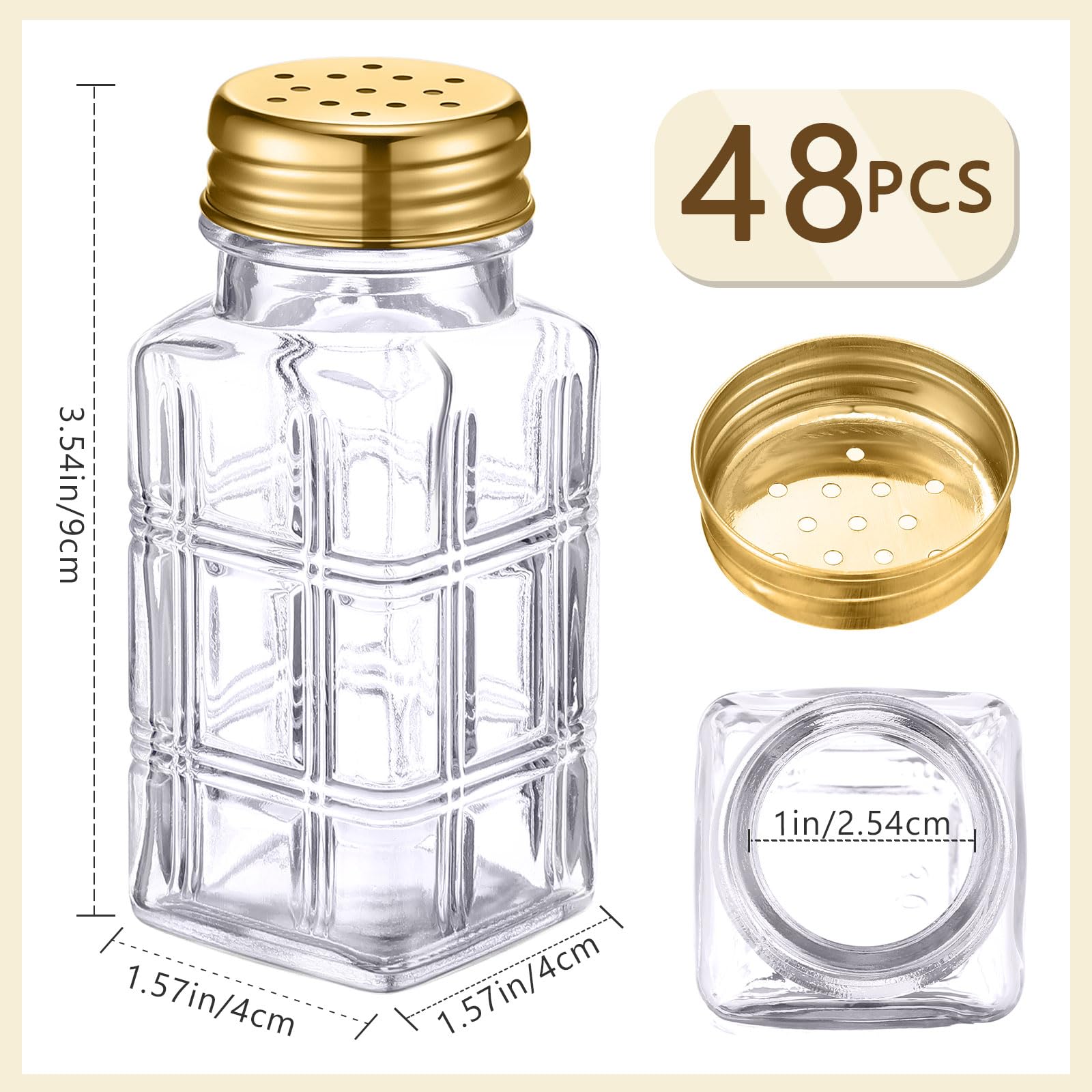 Bokon Salzstreuer aus Glas mit Edelstahldeckel, 76,5 ml, kleiner Gewürzstreuer für Küche, Restaurants und Catering, Hochzeit, Partyzubehör (Gold, flaches Gitter), 48 Stück