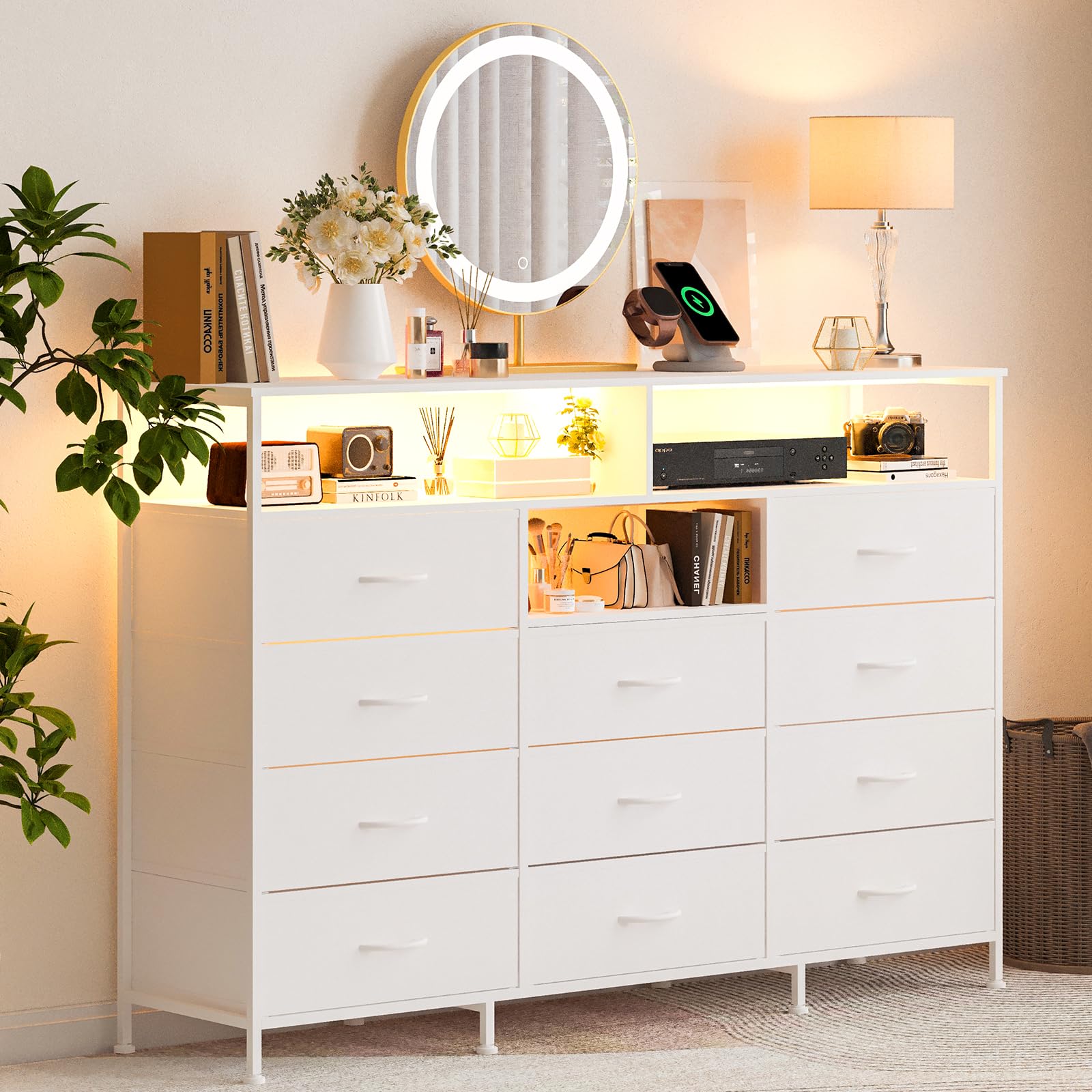 GarveeTech Dresser for Bedroom with 11 Fabric Drawers, Featuring Power Outlet & LED Lights, Wooden Top, 55”w TV Stand for Chest of Drawers for Closet