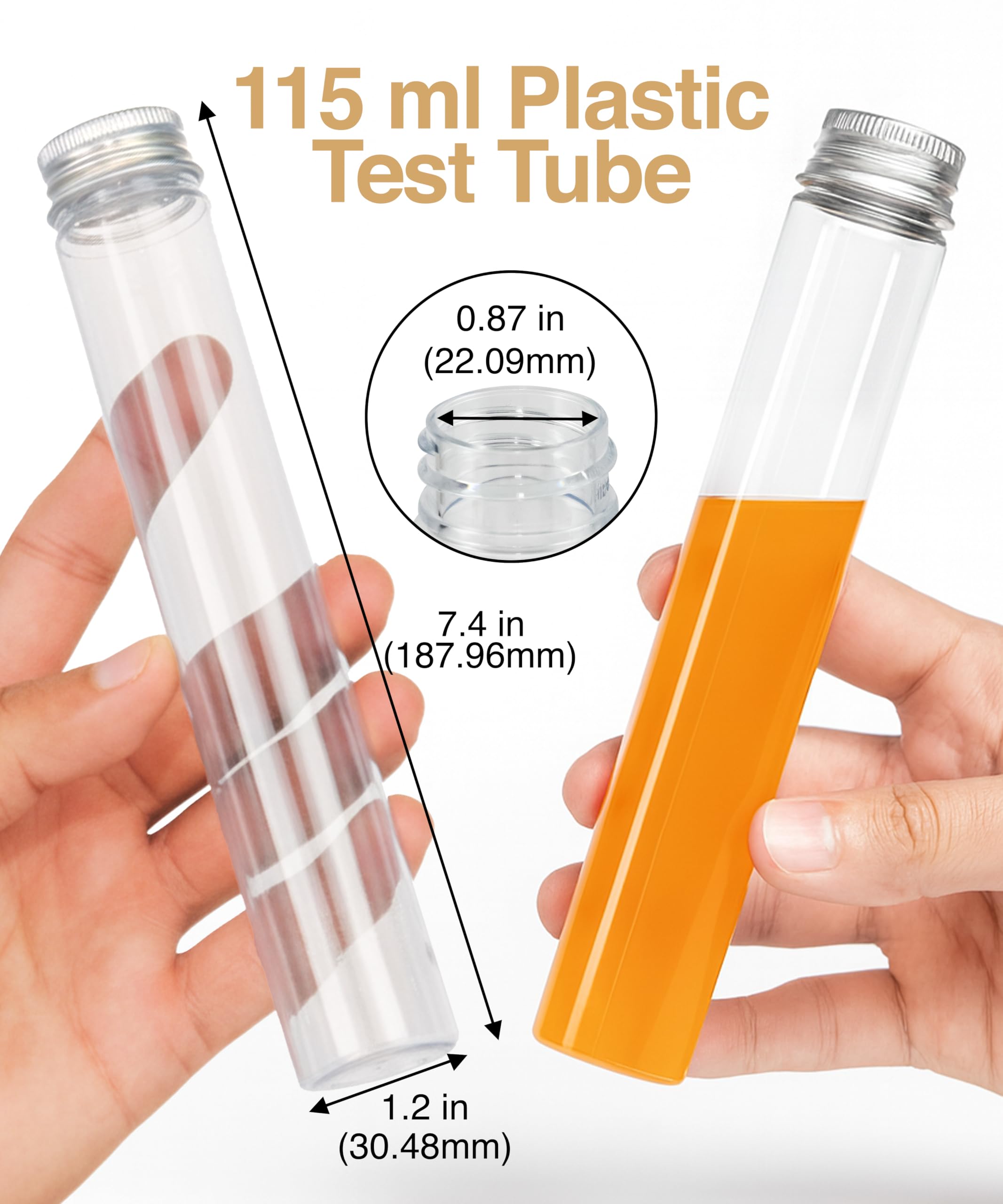 Berenti - 20 tubos de ensayo de plástico con tapas (115 ml) – 1.2 x 7.4 pulgadas / 30 x 188 mm como recipientes de almacenamiento para dulces, abalorio, polvo, tubo de ensayo transparente para pruebas