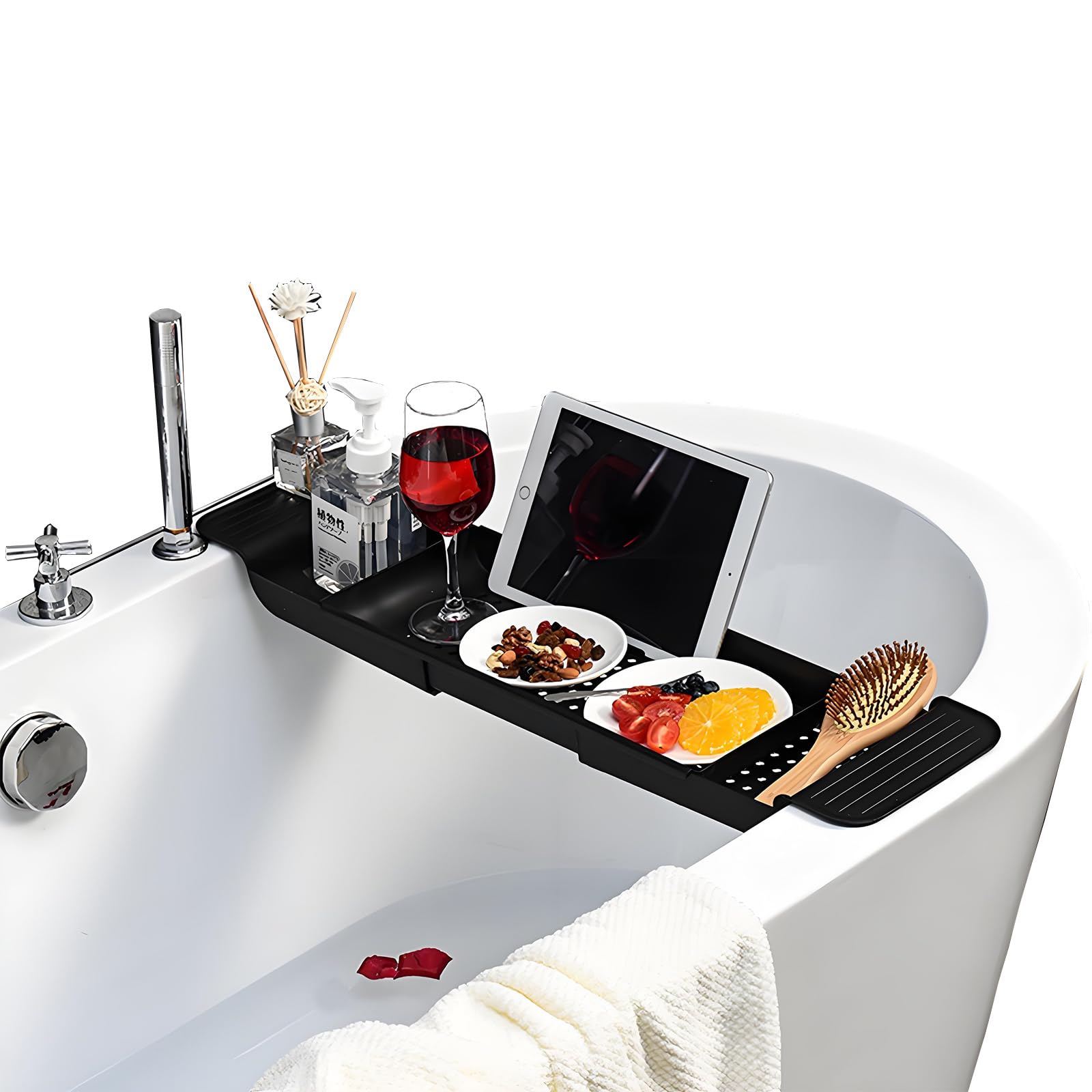 LOORMEI Adjustable Bathtub Caddy Tray，Durable Plastic Shower Caddy ，Convenient Bathroom Storage for Place Candles,Wine Glass, Phone or iPad (Black)