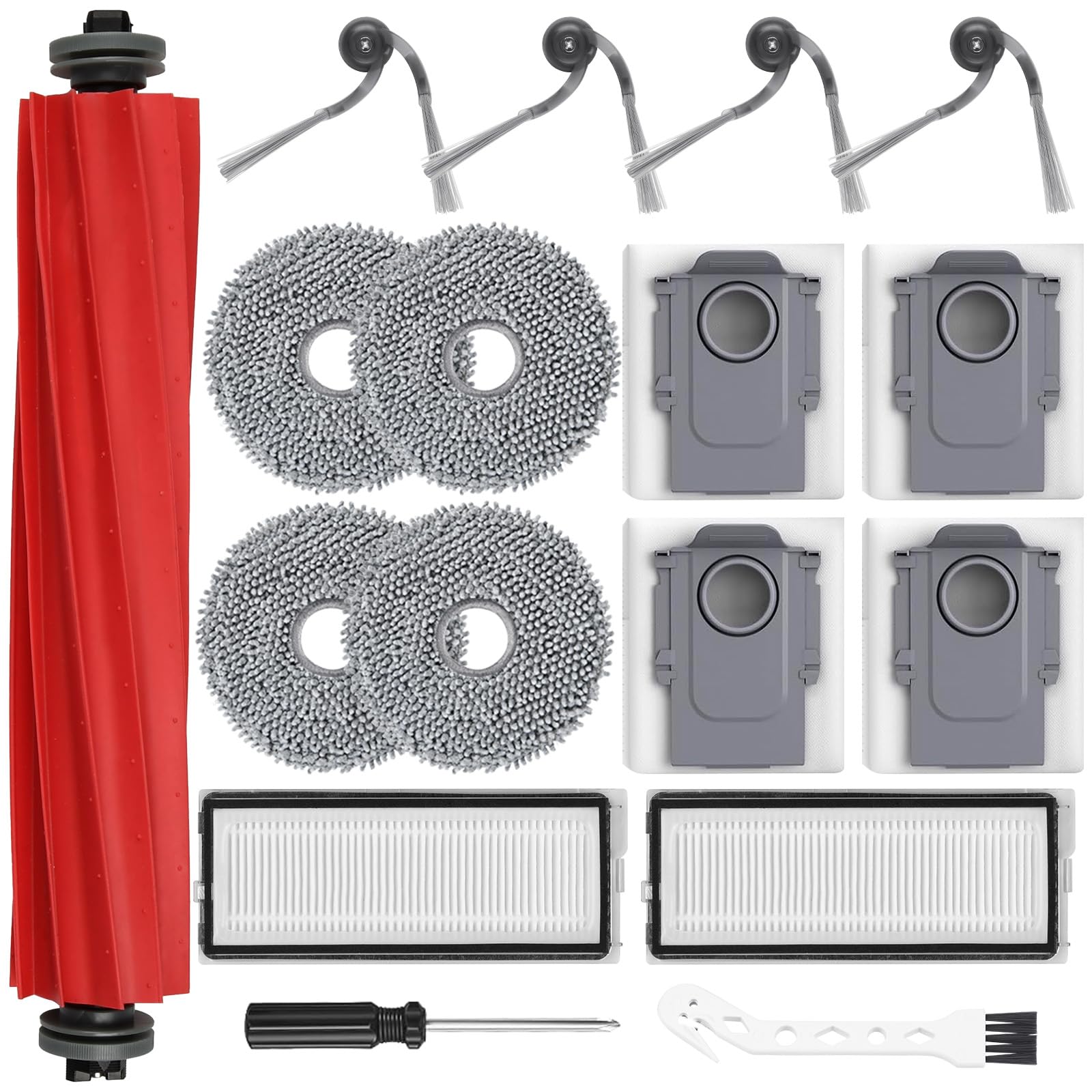 17 Stück Zubehör für Roborock QV 35A/QV 35S Saugroboter, 1 Hauptbürste, 4 Staubbeutel, 2 Filter, 4 Wischpads, 4 Seitenbürsten, 1 weiße Hakenbürste und 1 Schraubendreher