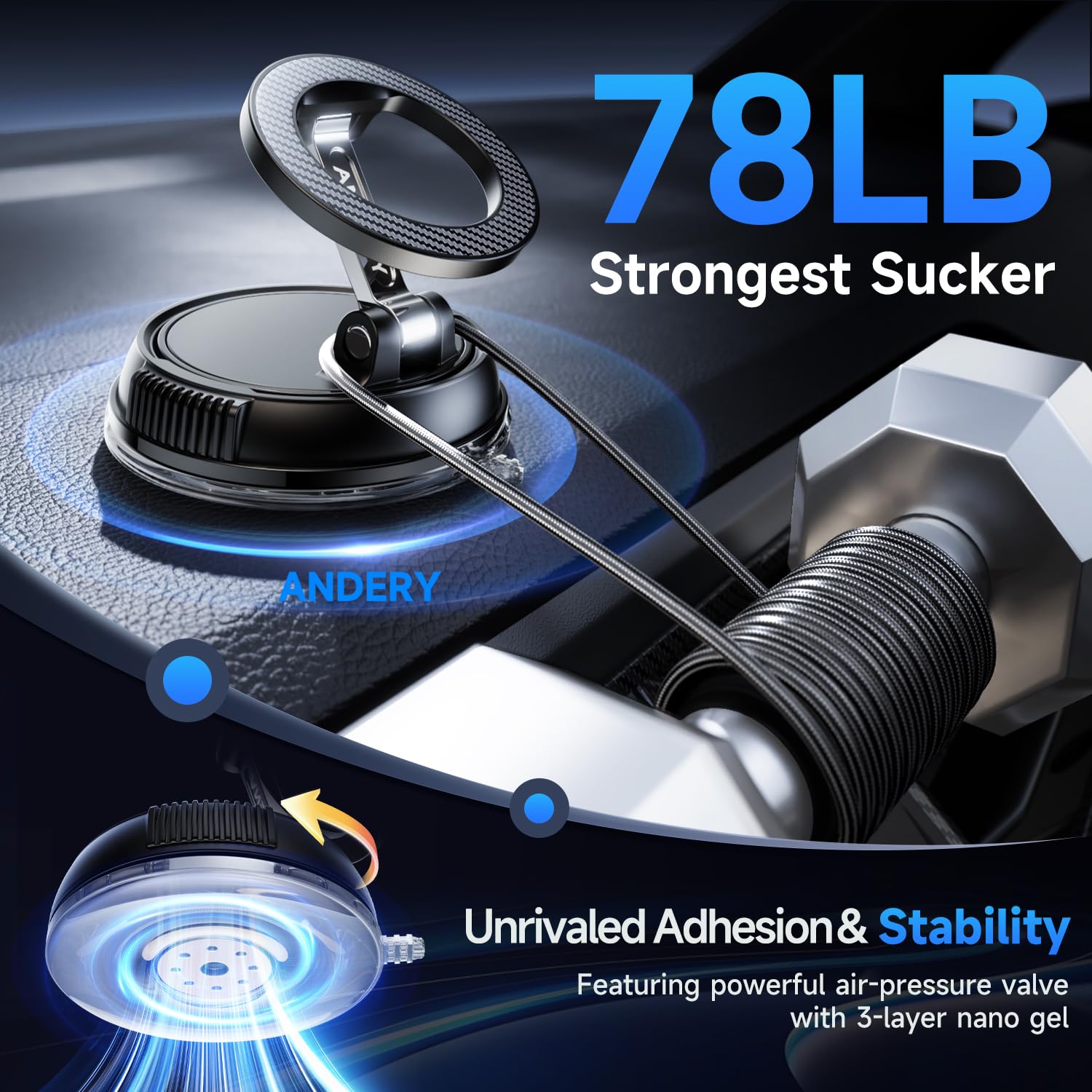 ANDERY Soporte para teléfono de coche para Magsafe [78+LBS de succión más fuerte y 2400gf magnético] Montura de teléfono de coche ajustable en 360°, soportes de teléfono para tu coche para iPhone 17