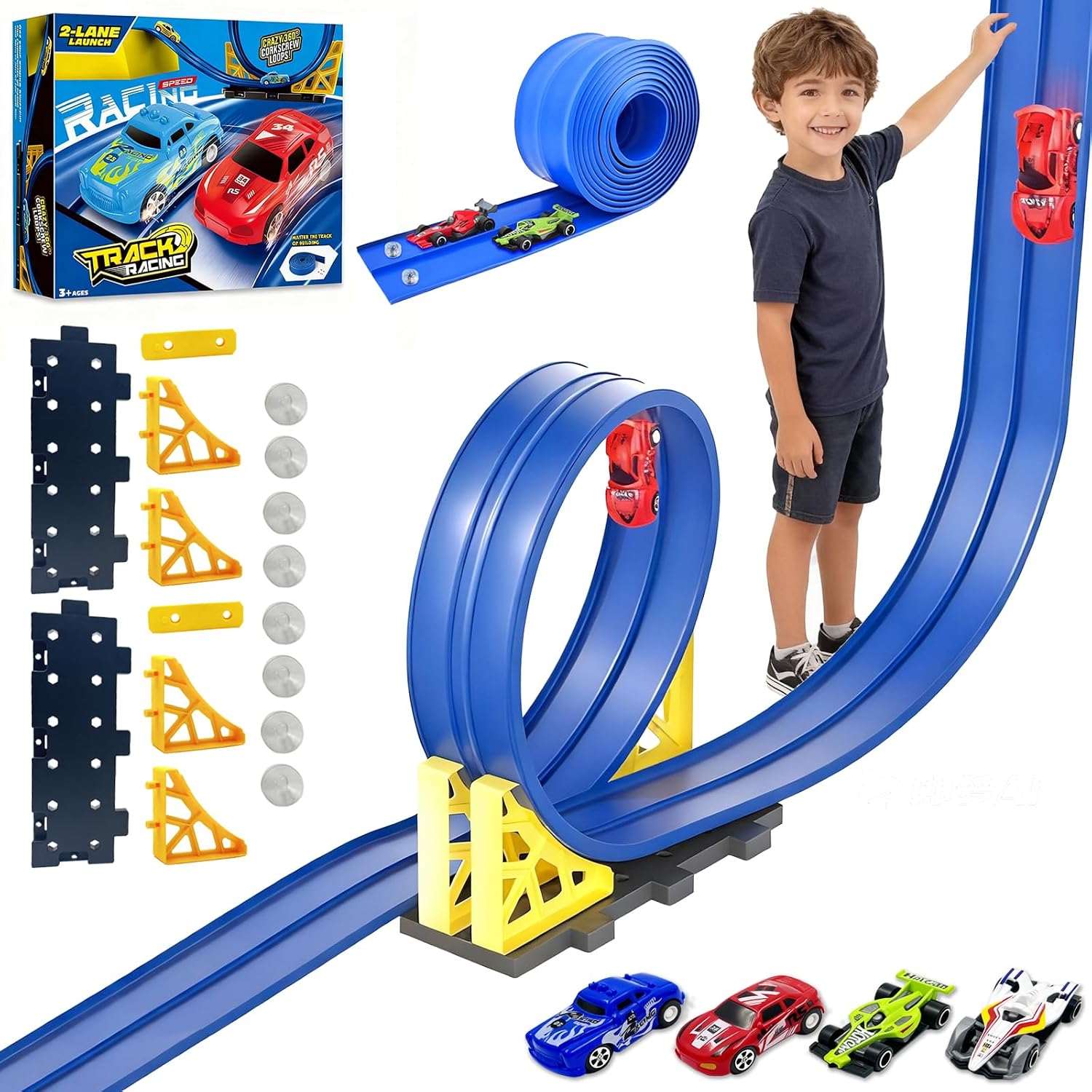 Flexible Race Track for Kids 3-5 Year Old, 15ft Flex Car Tracks for Toddlers with 2 Pull-Back Cars & 2 Alloy Cars, Portable Roll Up Racing Car Tracks, Birthday for Boys Girls