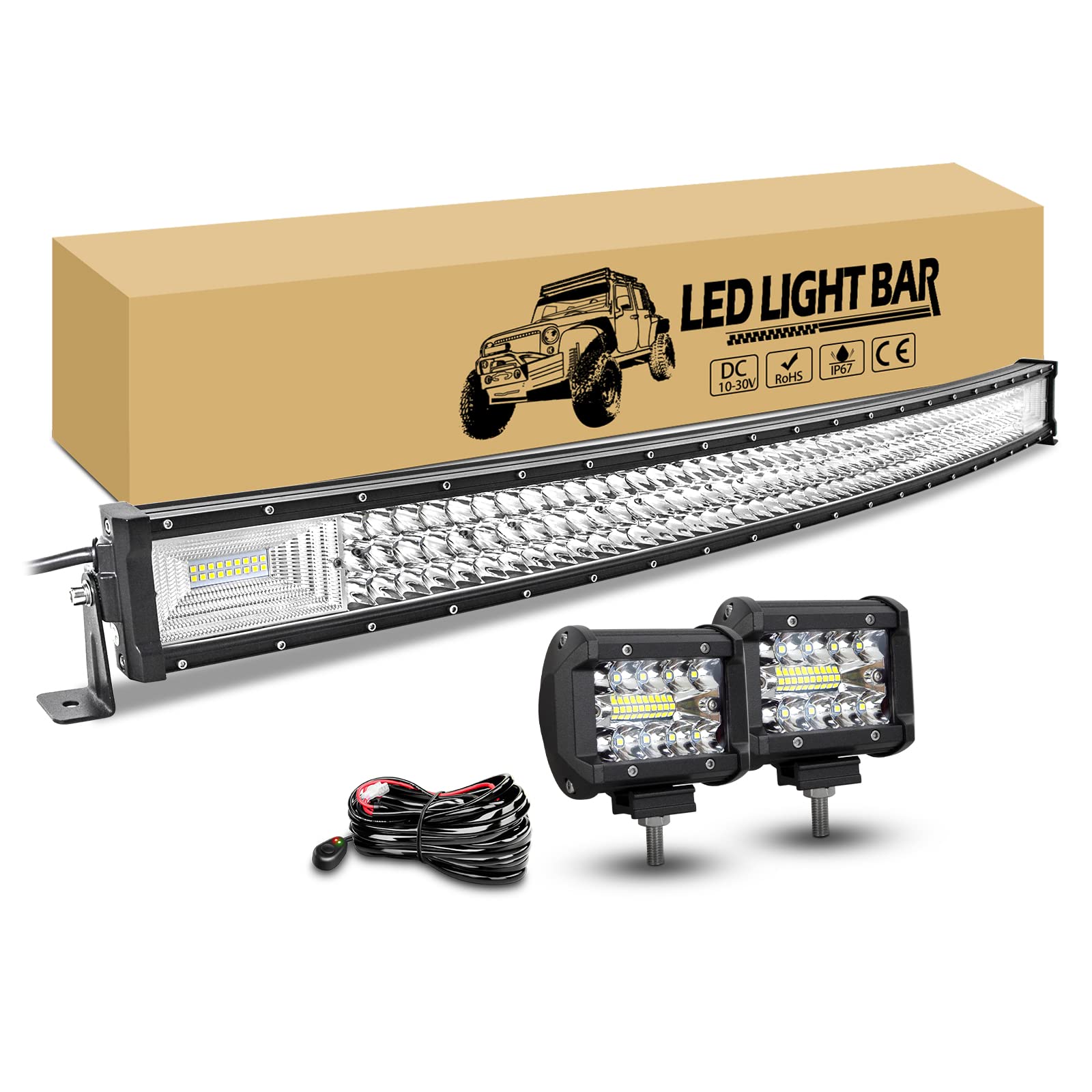 RIGIDON 107cm 540W Incurvé rampe barre de led 4x4 avec 12v faisceau de câblage kit, 2 x 10cm 60W phare de travail, longue portee feu antibrouillard pour offroad véhicules camion tracteur